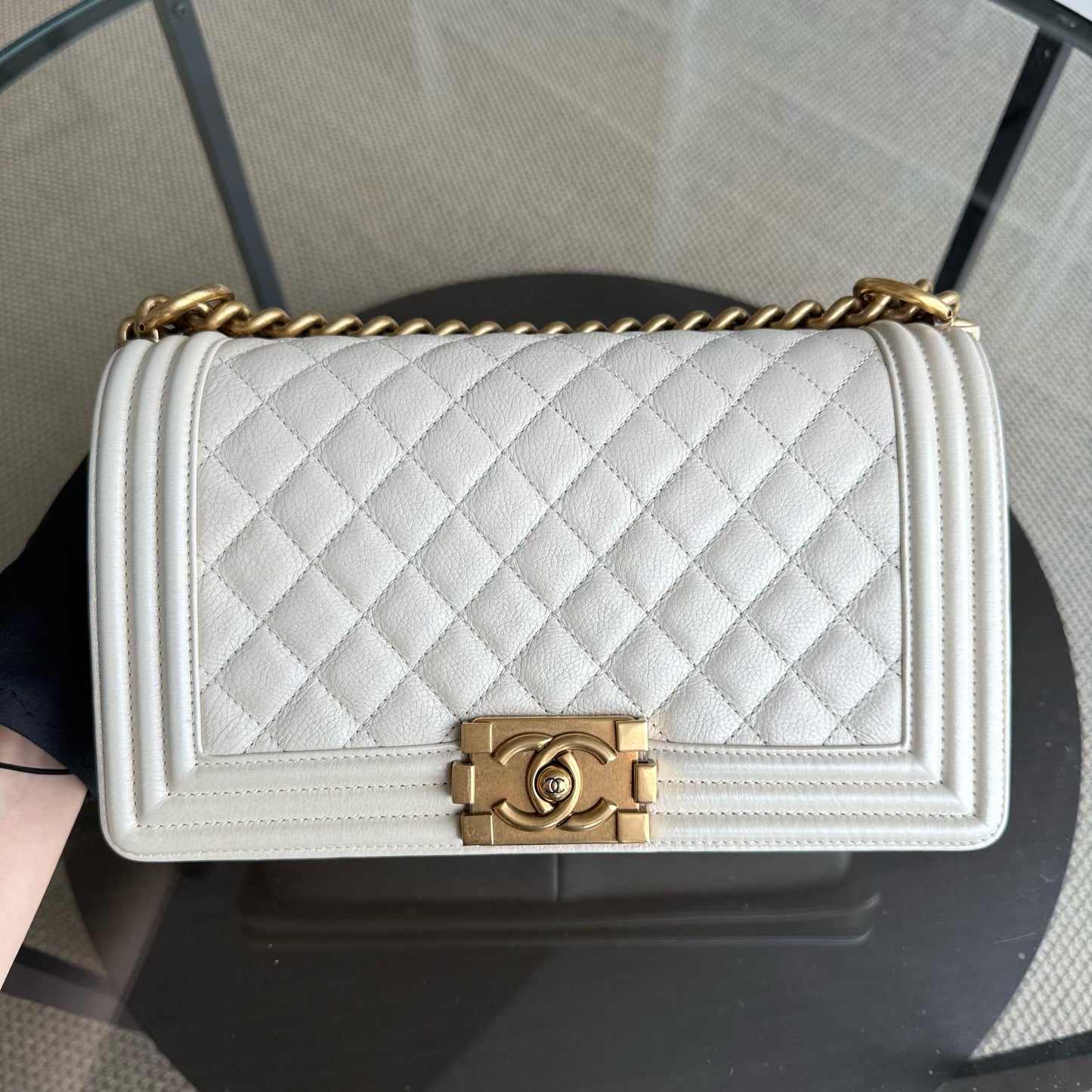 Chanel Boy Medium - Calfskin 25CM Quilted Cream White Aged Gold Hardware Series 20
