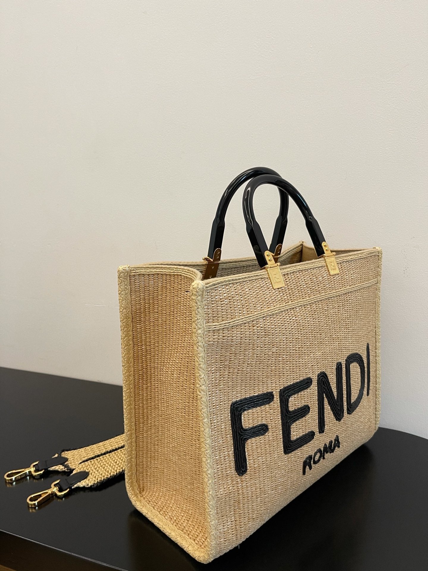 Top QualityTop Quality Sunshine Medium Beige and Black straw shopper Bag For Woman 31cm/12in 8BH386AKRPF1CBX