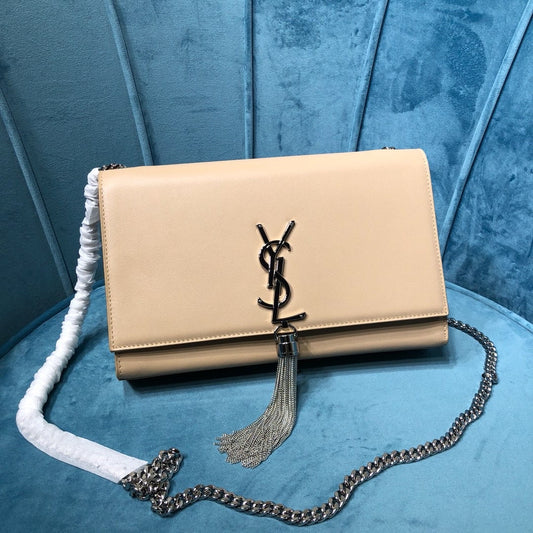 YSSL Kate Medium Chain Bag With Tassel In Grain De Poudre Beige For Women 9in/24cm YSL 