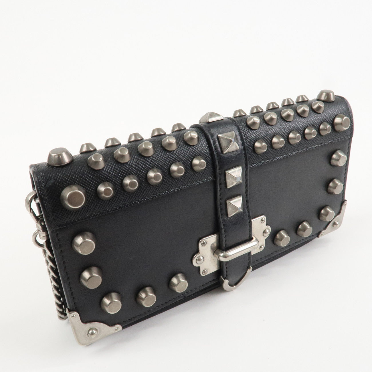 PRADA Leather Studs Chain Wallet Chain Bag Black  d