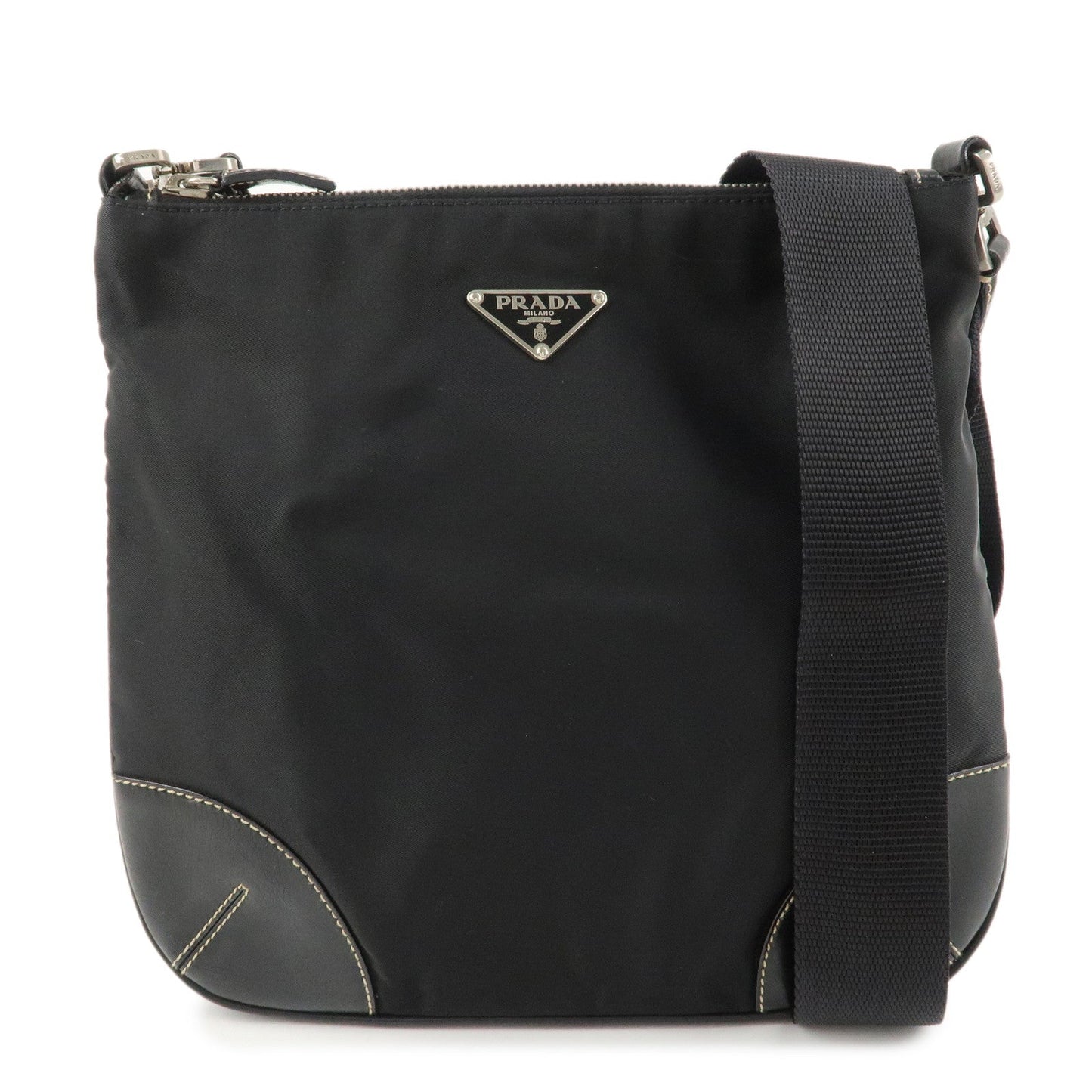PRADA Triangle Logo Leather Nylon Shoulder Bag Crossbody Bag Black  d