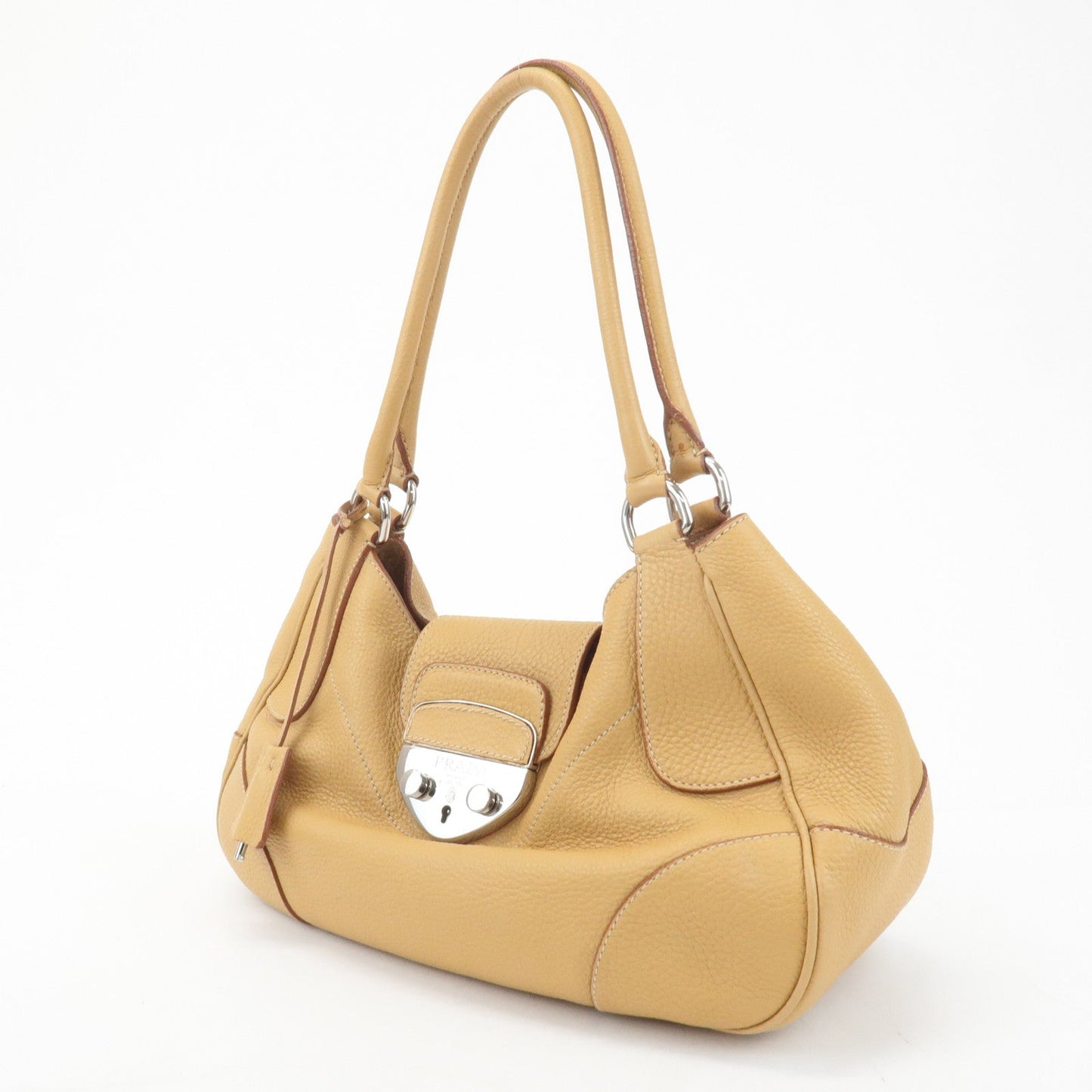 PRADA Leather Shoulder Bag Hand Bag Beige Silver HDW  d