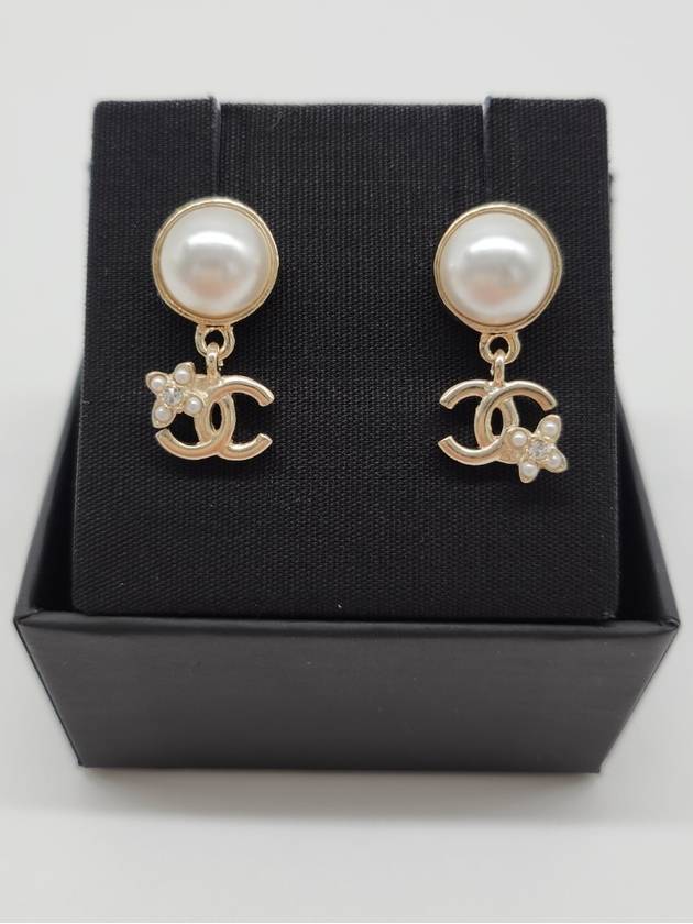 CC Logo Flower Pearl Drop Earrings Gold Chanel