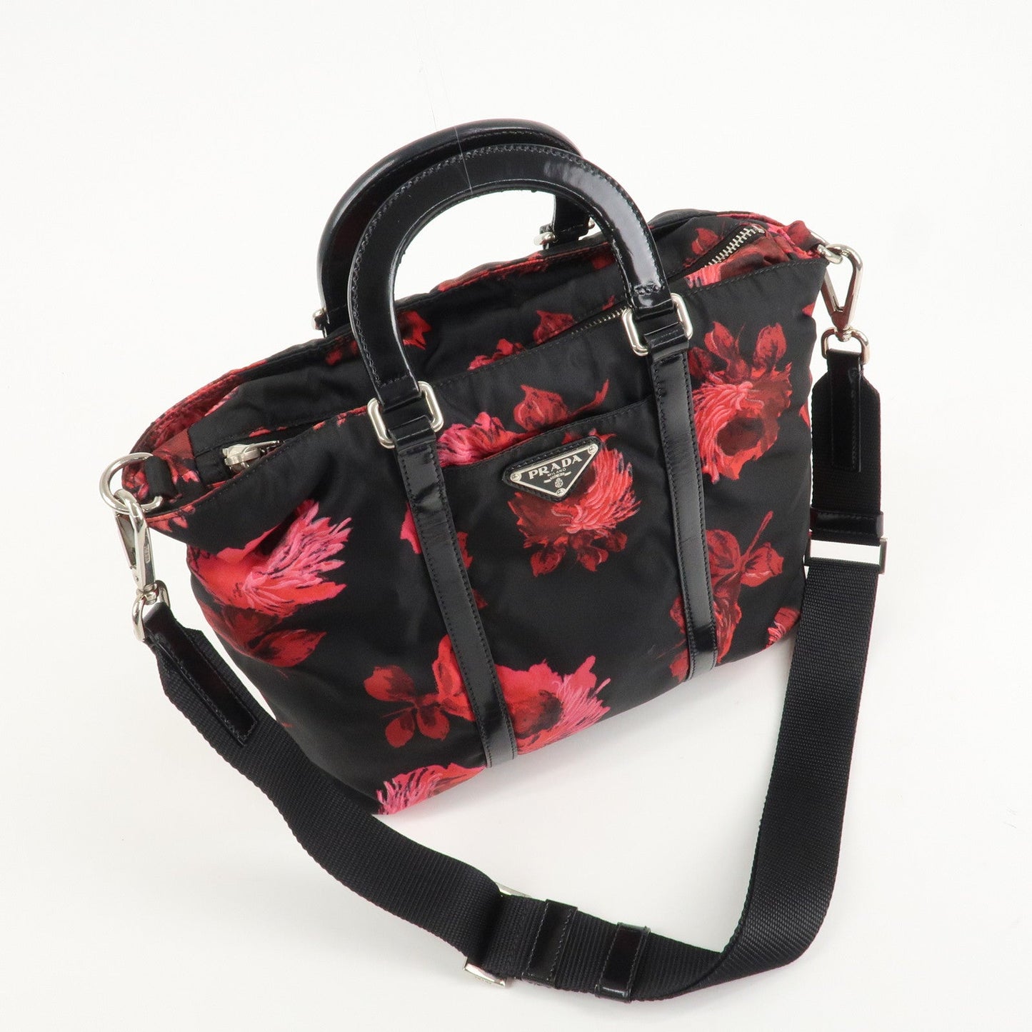PRADA Triangle Logo Nylon Patent Leather 2Way Bag Flower BN1066  d