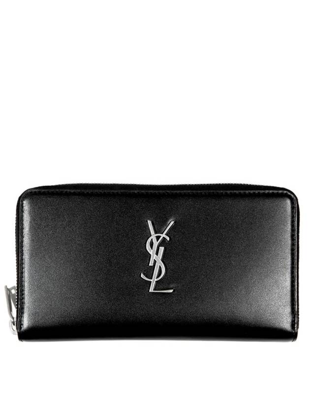 Luxury Saint Laurent Trending 2025 Silver Logo Monogram Zipper Long Wallet Black