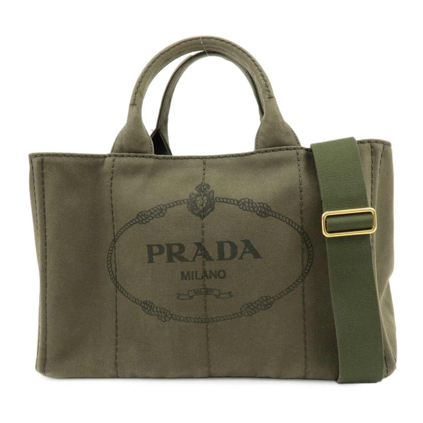 PRADA Logo Canapa Canvas Tote Bag Hand Bag Khaki 1BG642