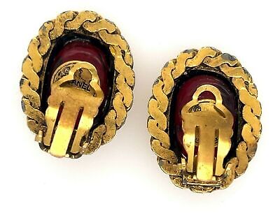 CHANEL -   70s Gripoix Clip On - Gold Tone and Deep Orange Red - Earrings