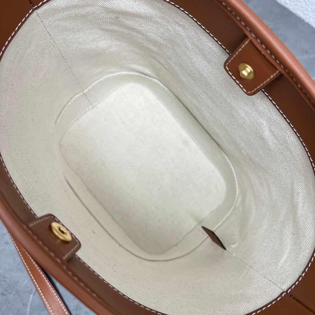 Top Quality Small Bucket Cuir Triomphe In Textile Natural / Tan For Women 9in/22cm 198242EFL.02NT