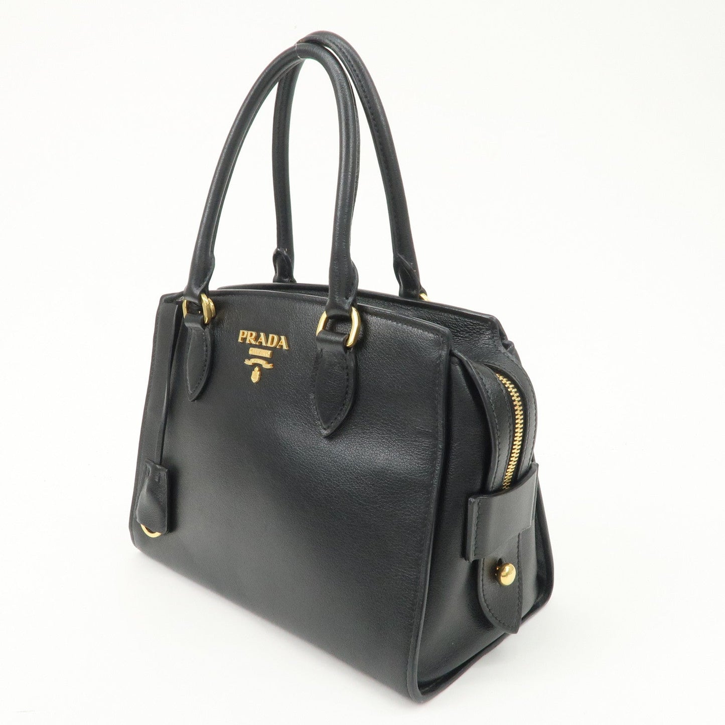 PRADA Leather 2Way Bag Hand Bag Black Gold Hardware  d