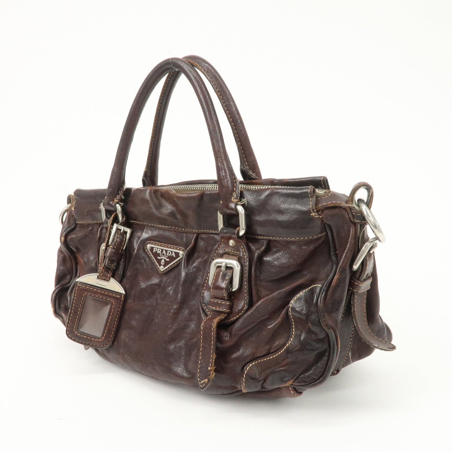 PRADA Triangle Logo Leather 2Way Bag Hand Bag Dark Brown BN1279  d