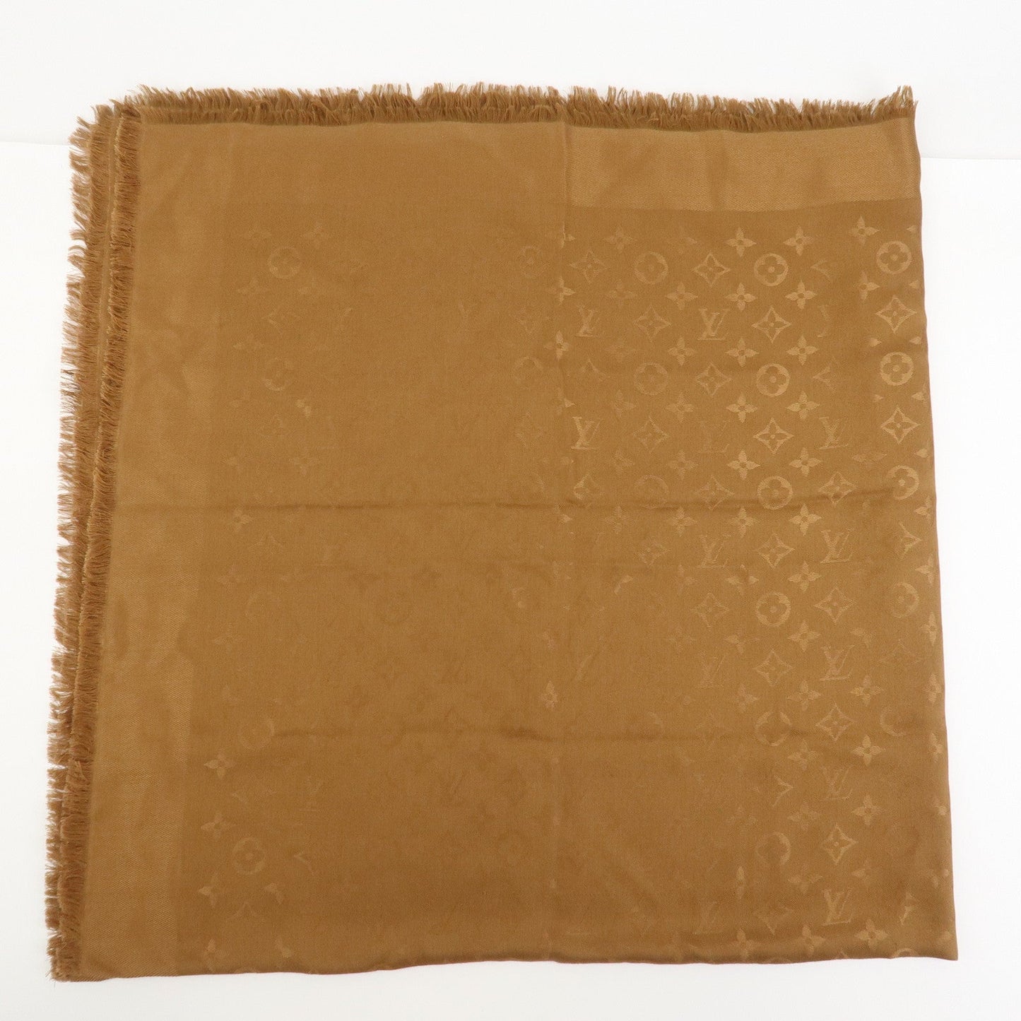 Louis Vuitton Monogram Silk Wool Shawl Scarf Light Brown M71155