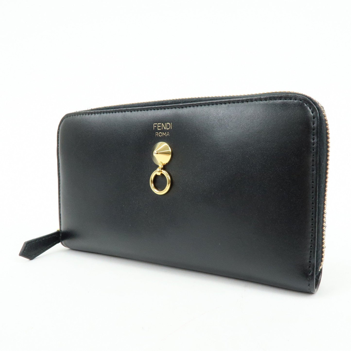 FENDI Leather Round Zippy Long Wallet Black 8M0299