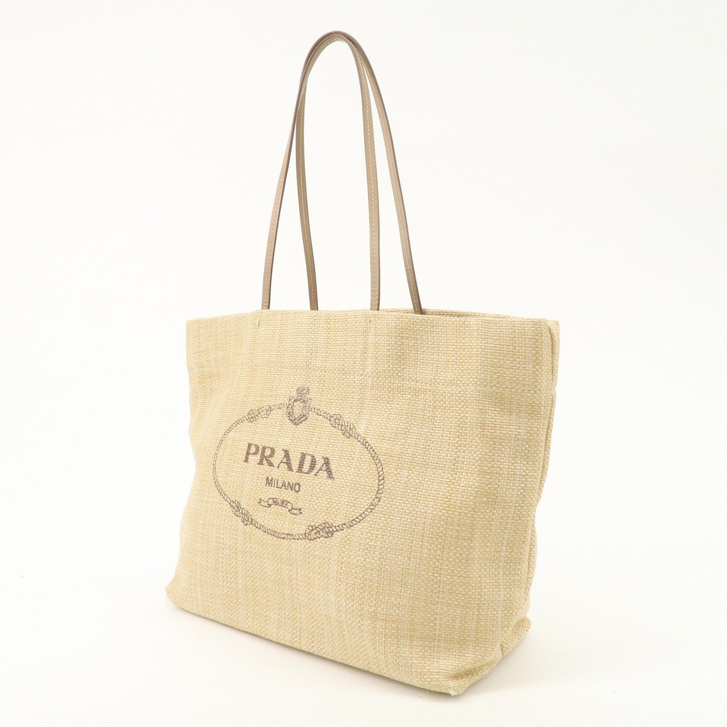 PRADA Leather Raffia Straw Tote Bag Shoulder Bag Beige  d