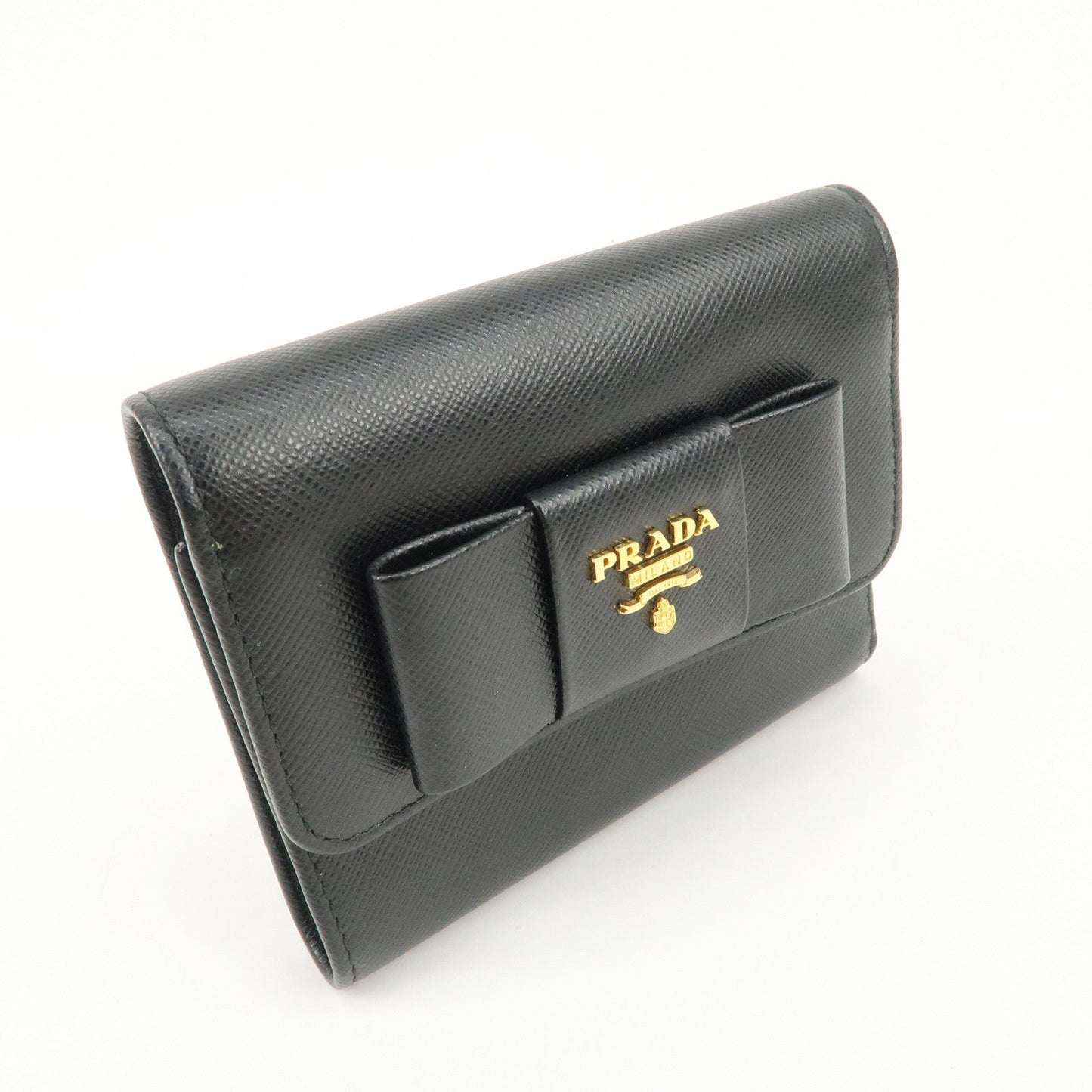 PRADA Leather Ribbon Tri-fold Wallet Black 1MH840  d