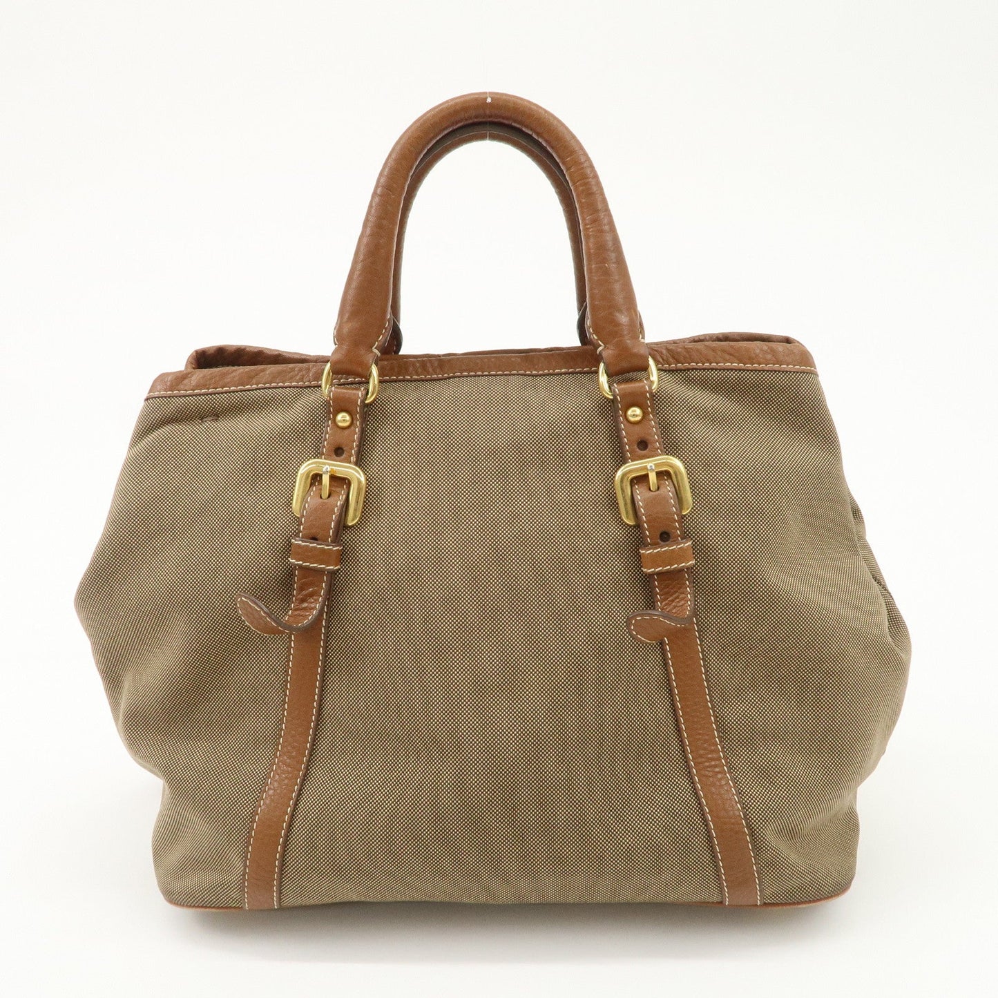PRADA  Leather Logo Jacquard Tote Bag Ribbon Beige Brown BN1841  d