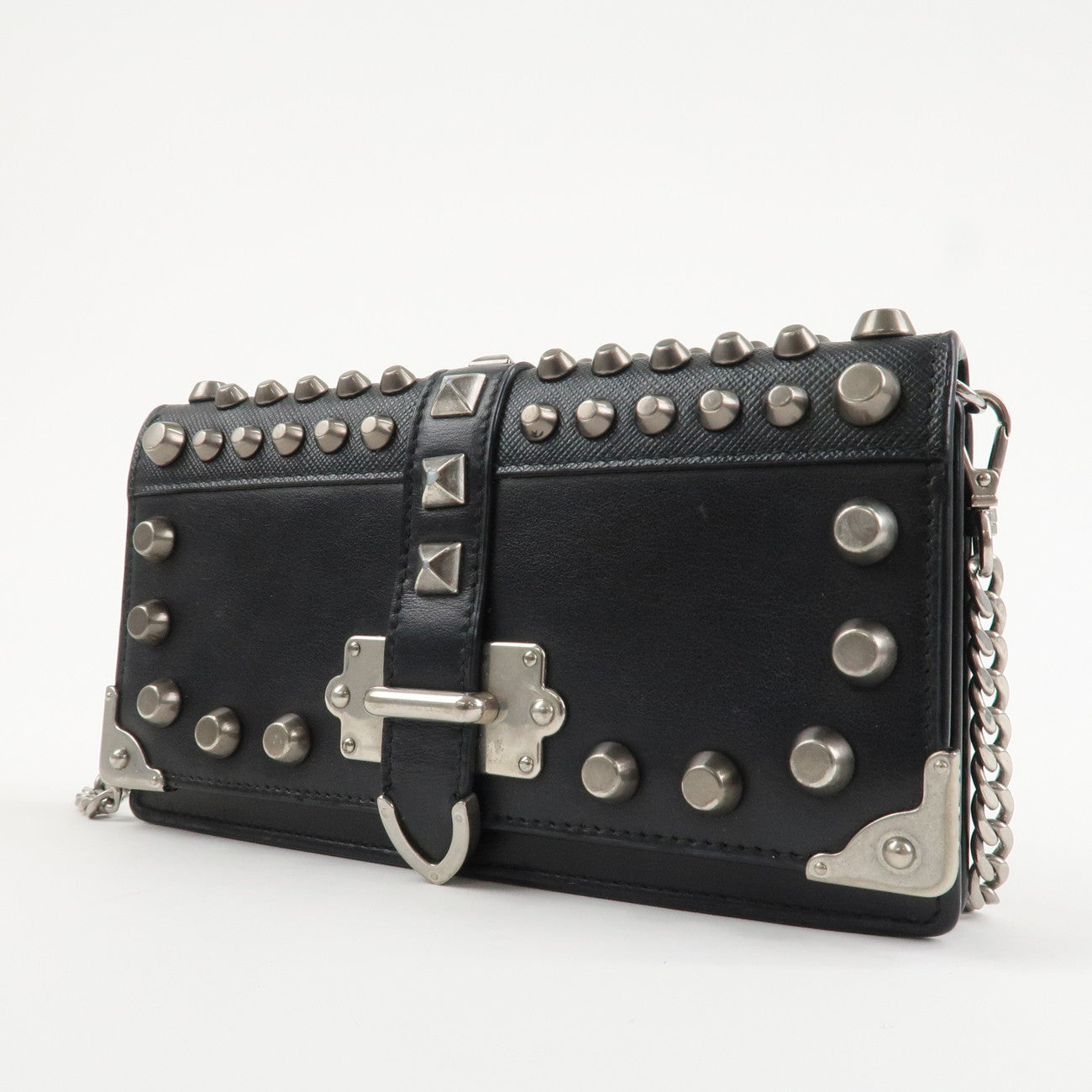 PRADA Leather Studs Chain Wallet Chain Bag Black  d