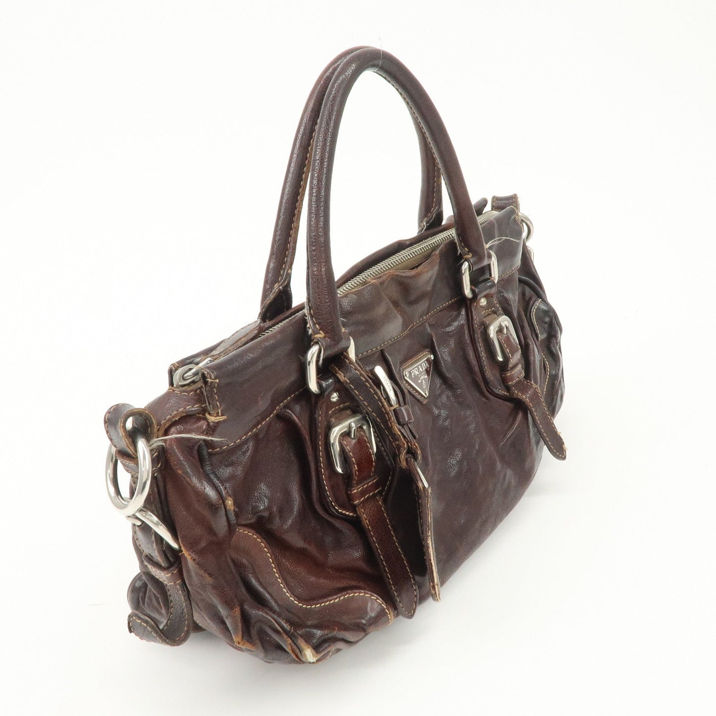 PRADA Triangle Logo Leather 2Way Bag Hand Bag Dark Brown BN1279  d