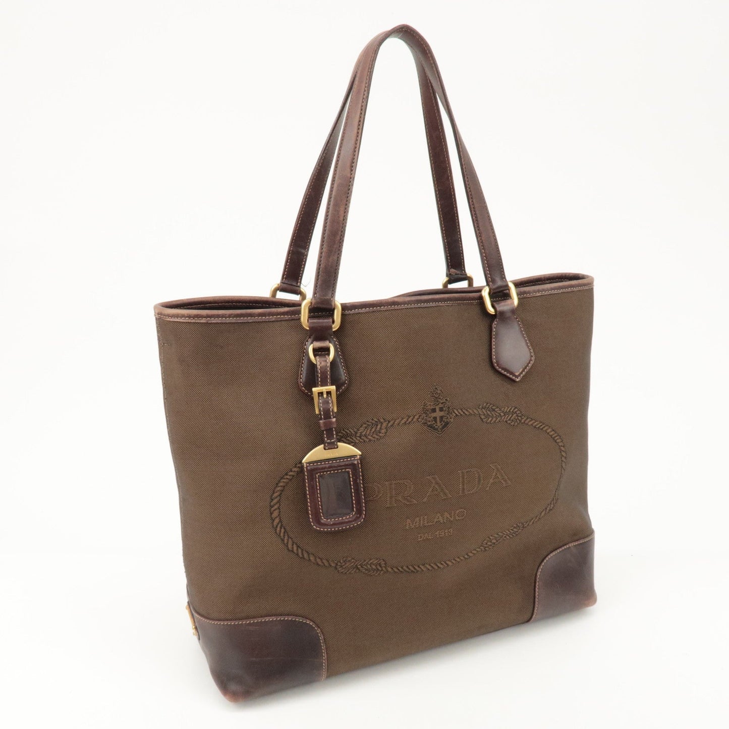 PRADA Triangle Logo Jacquard Leather 2Way Bag Tote Bag Brown  d