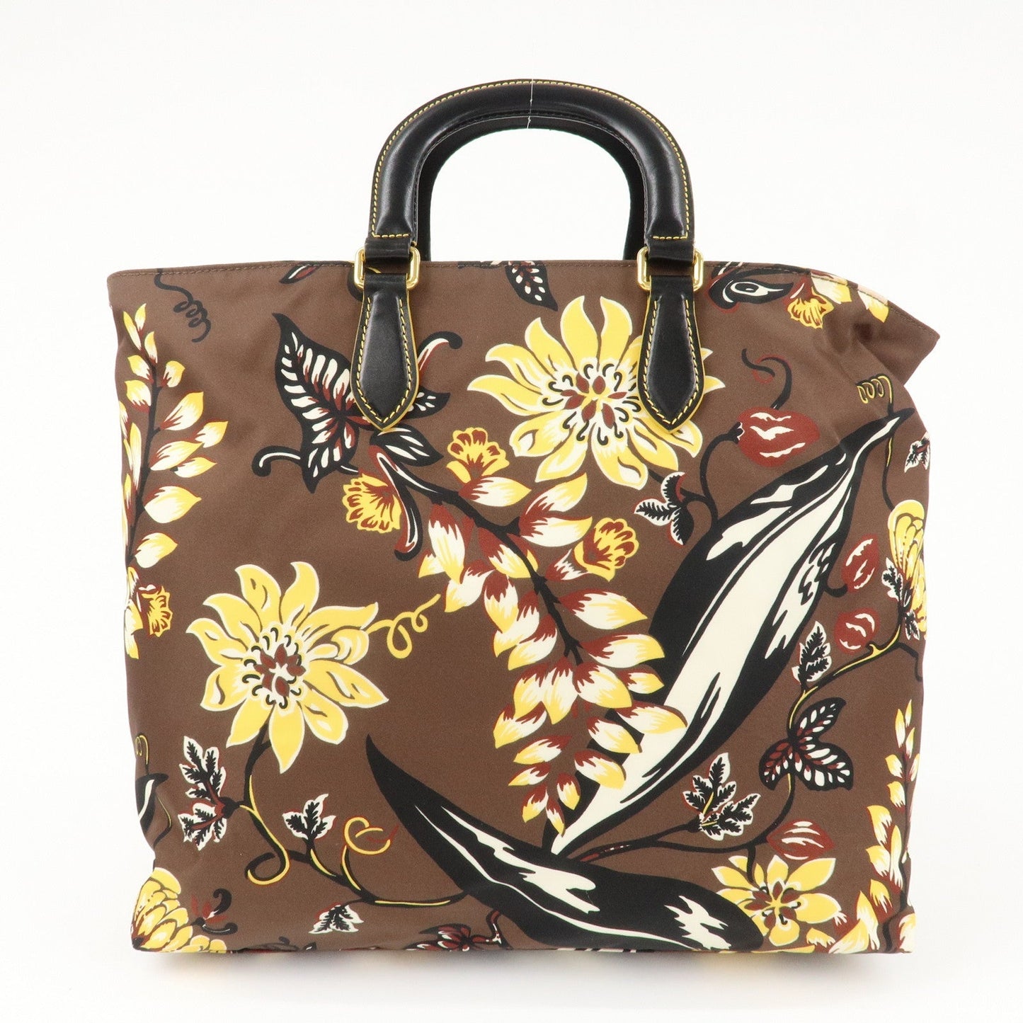PRADA Triangle Logo Nylon Leather 2Way Bag Shoulder Bag Hand Bag Floral Print Brown Yellow BN2741  d