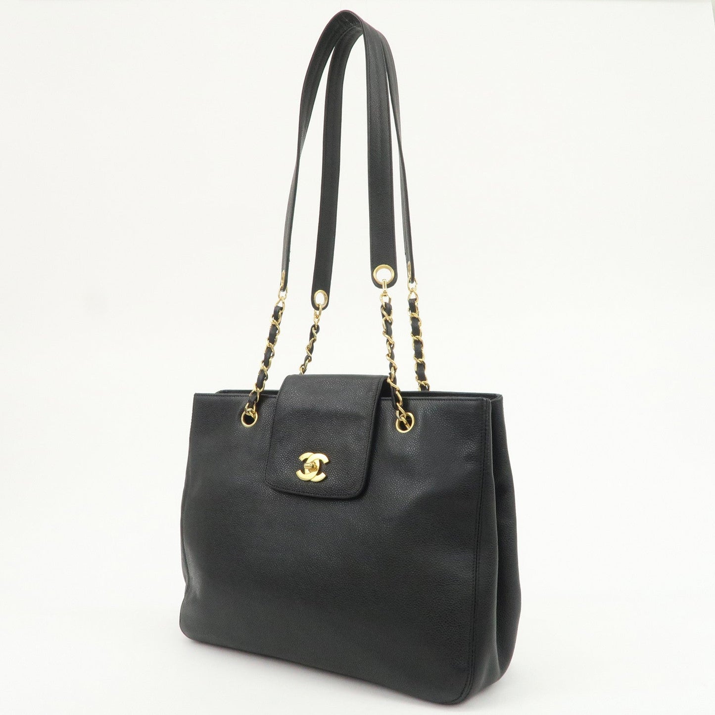 CHANEL COCO Mark Caviarskin Chain Tote Bag Shoulder Bag Black Gold