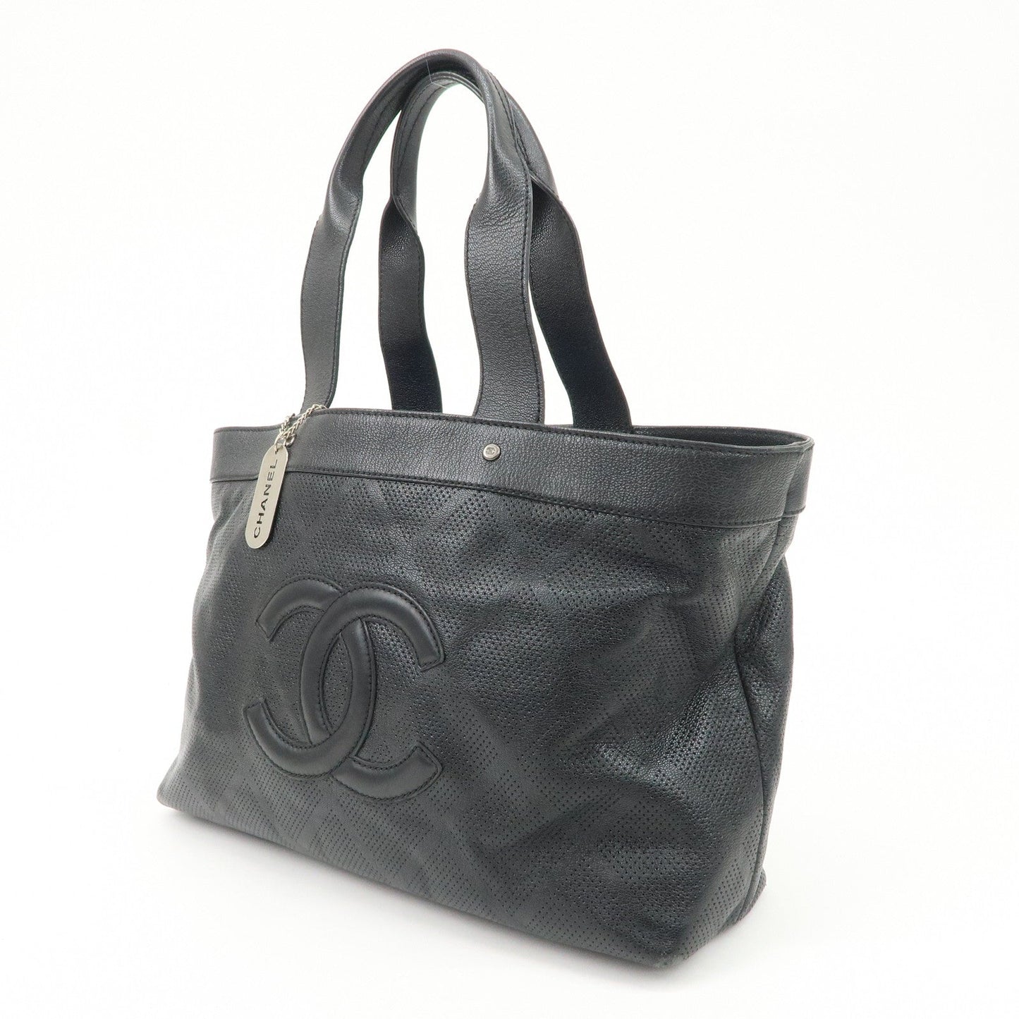 CHANEL COCO Mark Calf Leather Punching Tote Bag Black A33936  d