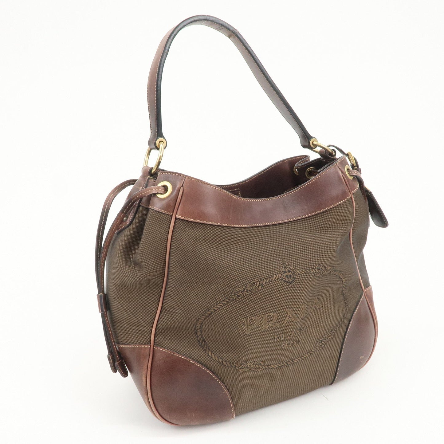 PRADA Triangle Logo Canvas Leather Shoulder Bag Hand Bag Brown