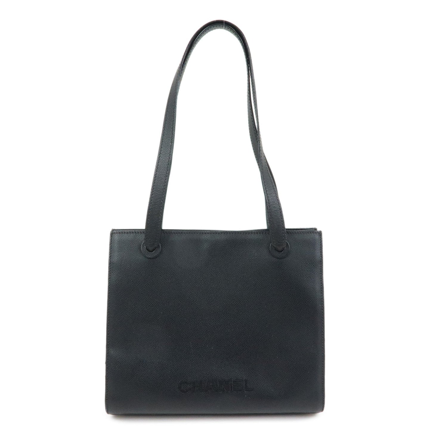 CHANEL Logo Calf Leather Tote Bag Shoulder Bag Hand Bag Black