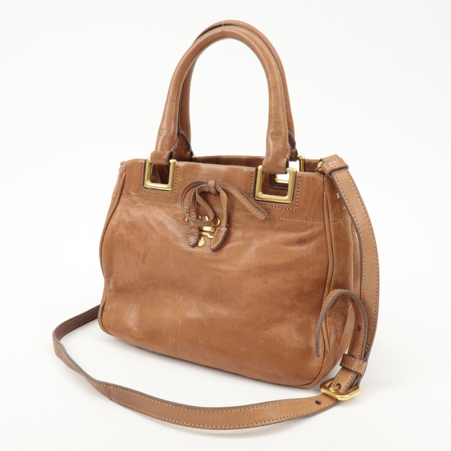 PRADA Logo Leather Ribbon 2Way Bag Hand Bag Brown BN2245  d