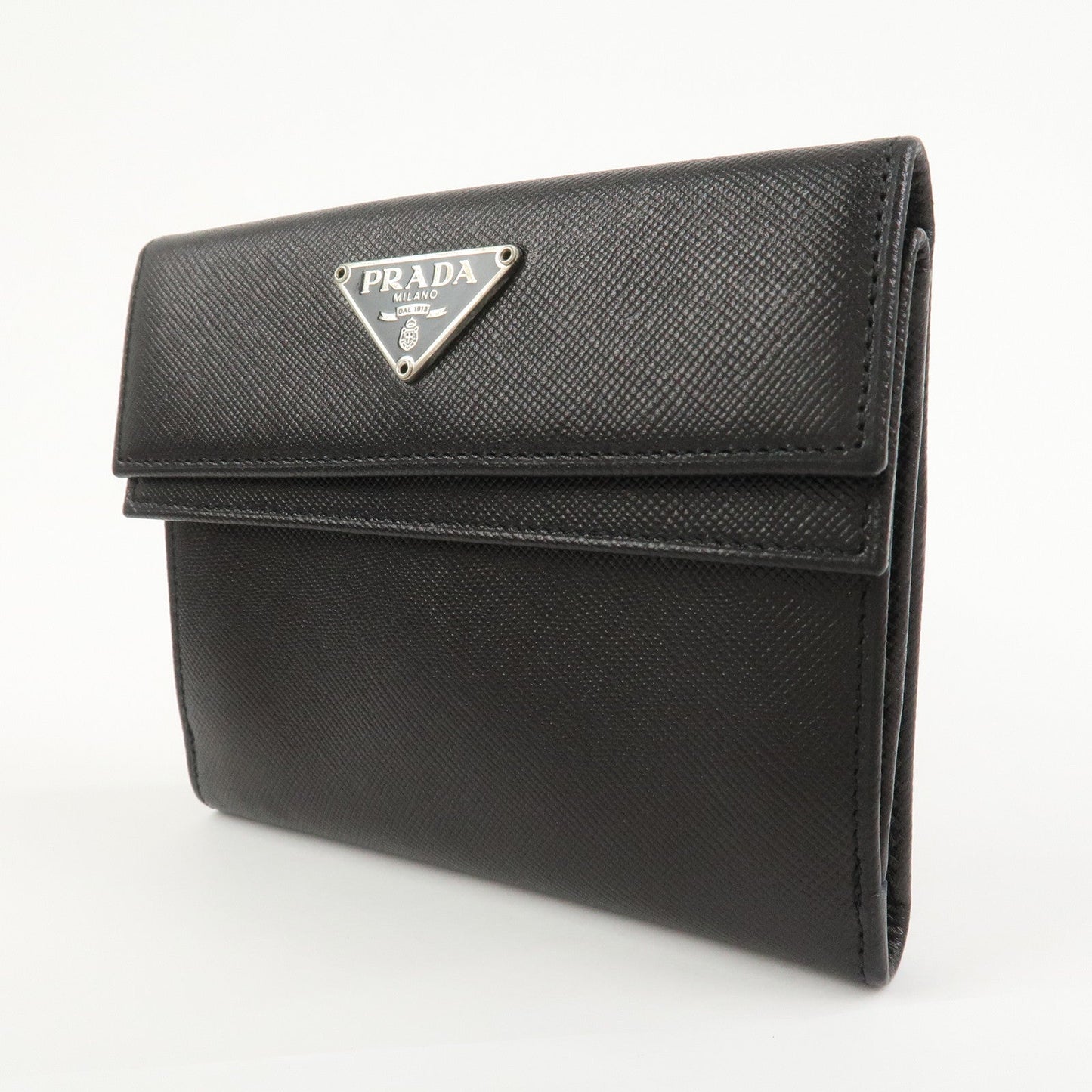 PRADA Triangle Logo Saffiano Leather Compact Wallet Black M53X