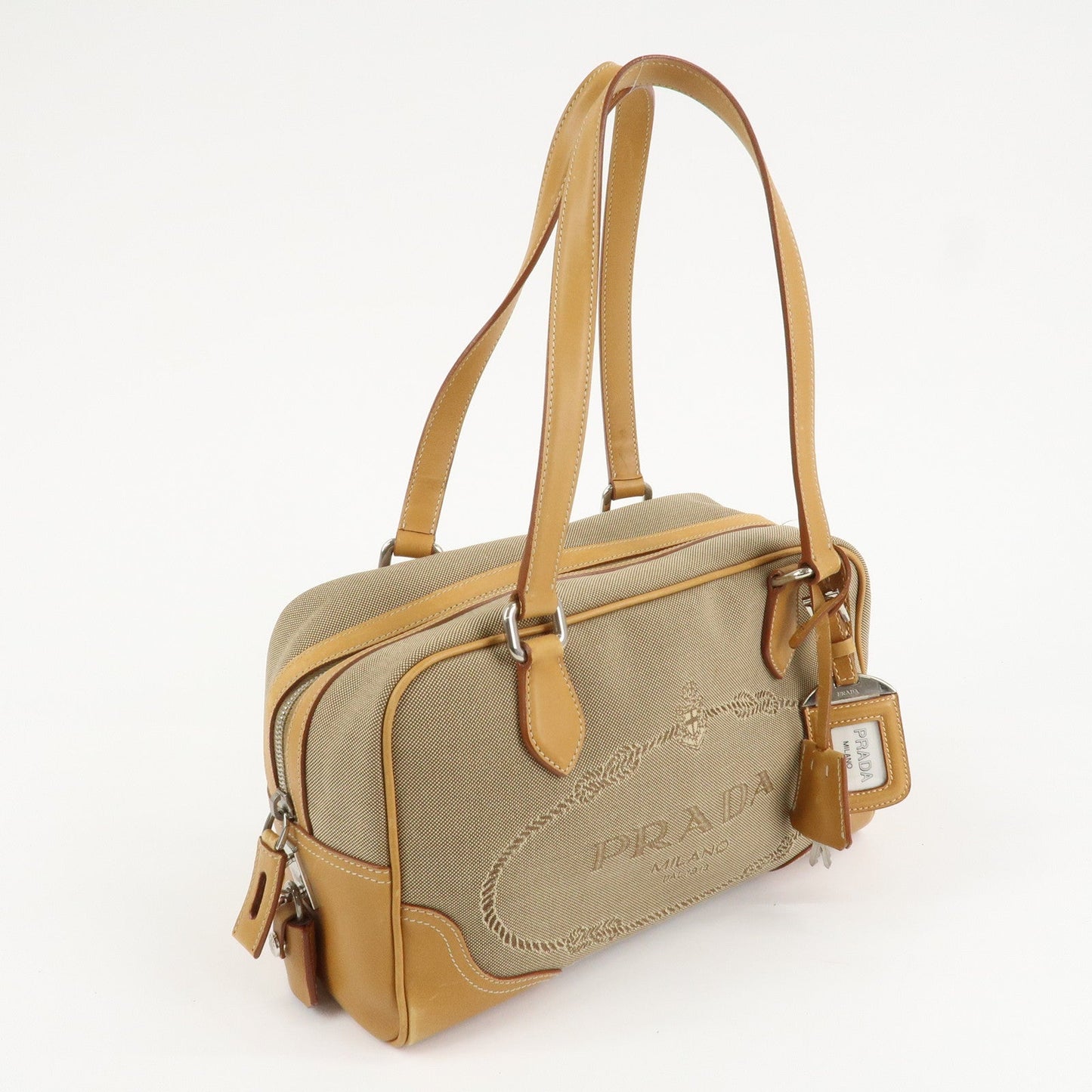 PRADA Logo Jacquard Leather Boston Bag Shoulder Bag Beige  d