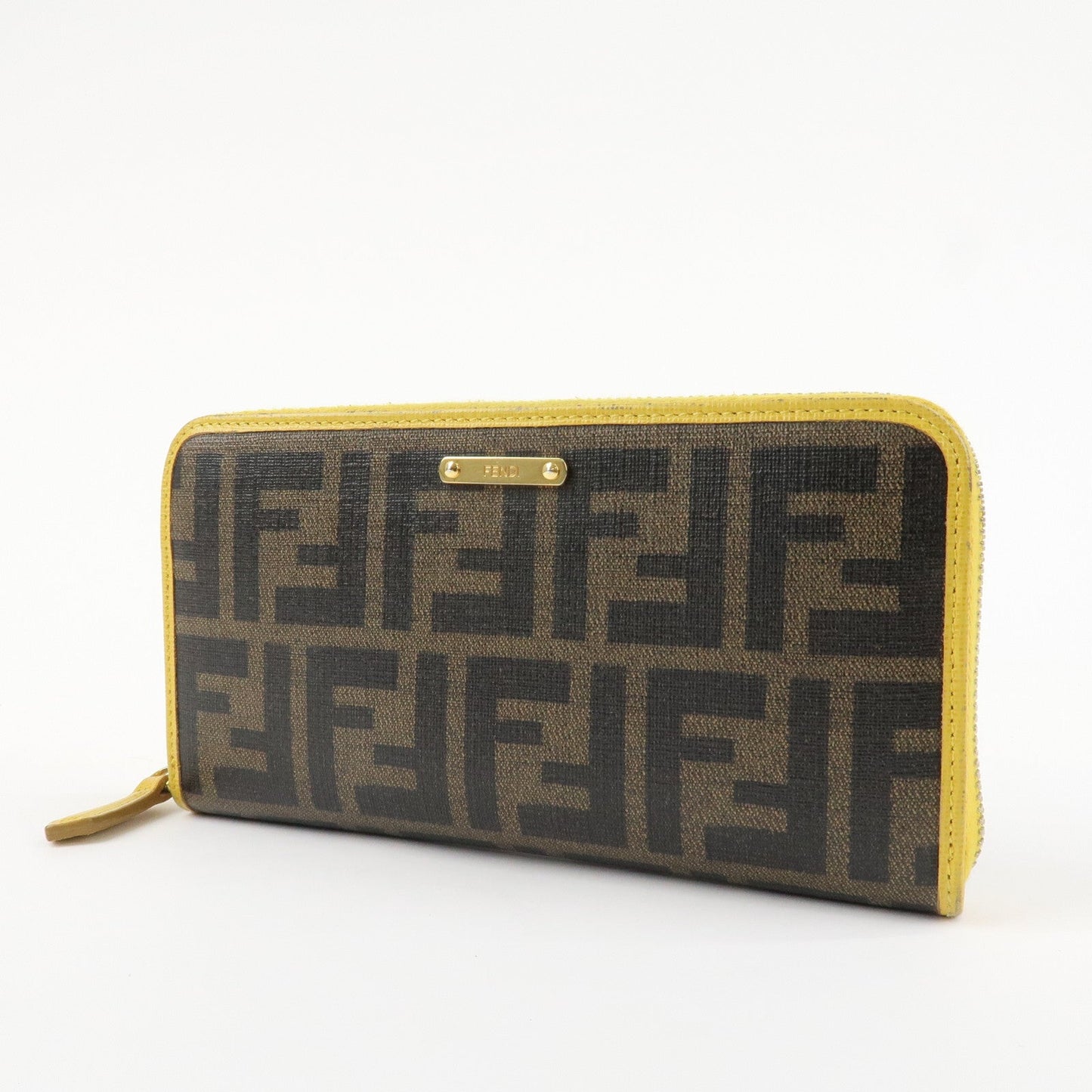 FENDI Zucca PVC Leather Round Zippy Long Wallet Brown Yellow 8M0299  d