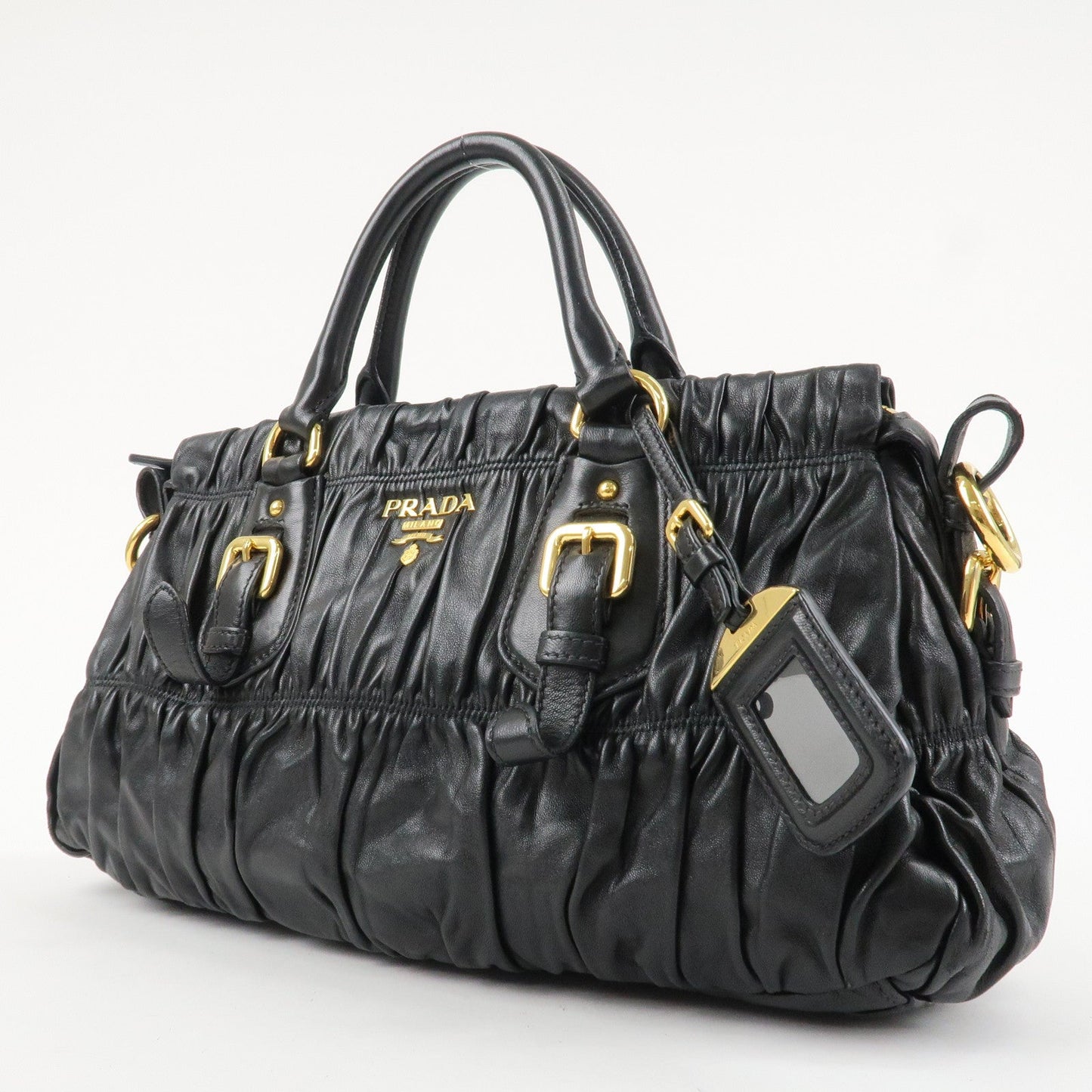 PRADA Logo Leather 2WAY Tote Bag Hand Bag Black Gold HDW B11091  d