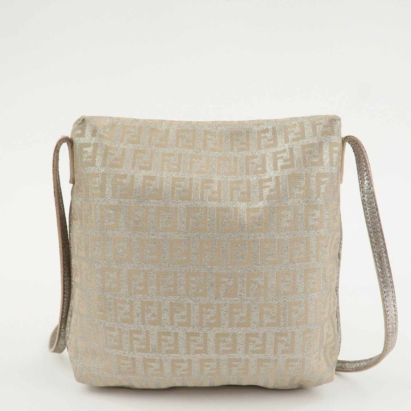 FENDI Zucchino Canvas Leather Shoulder Bag Silver Beige 8BT075  d