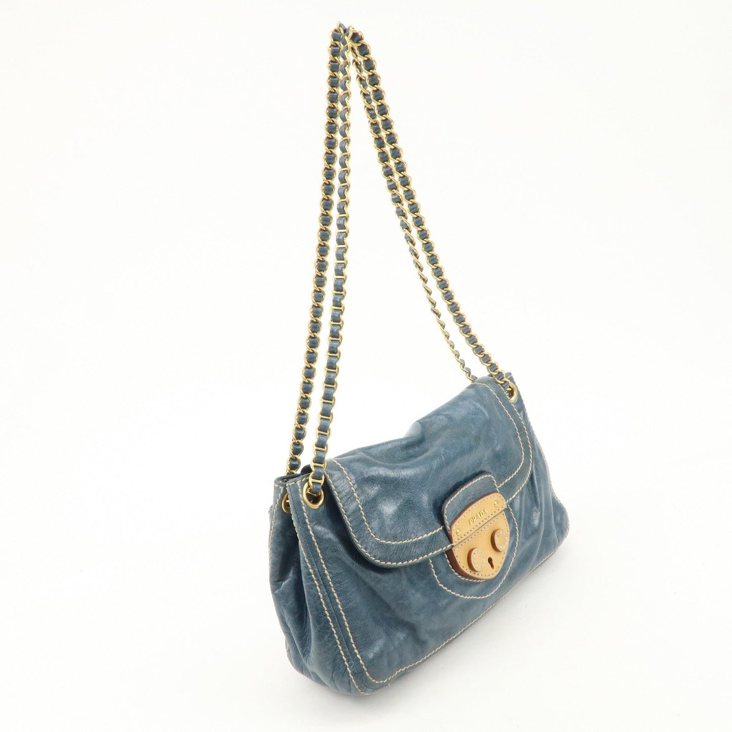 PRADA Leather Chain Shoulder Bag Blue Gold Hardware BR4659  d