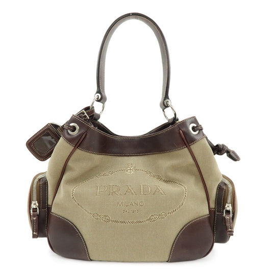 PRADA Logo Jacquard Canvas Embossed Leather Shoulder Bag BR3433