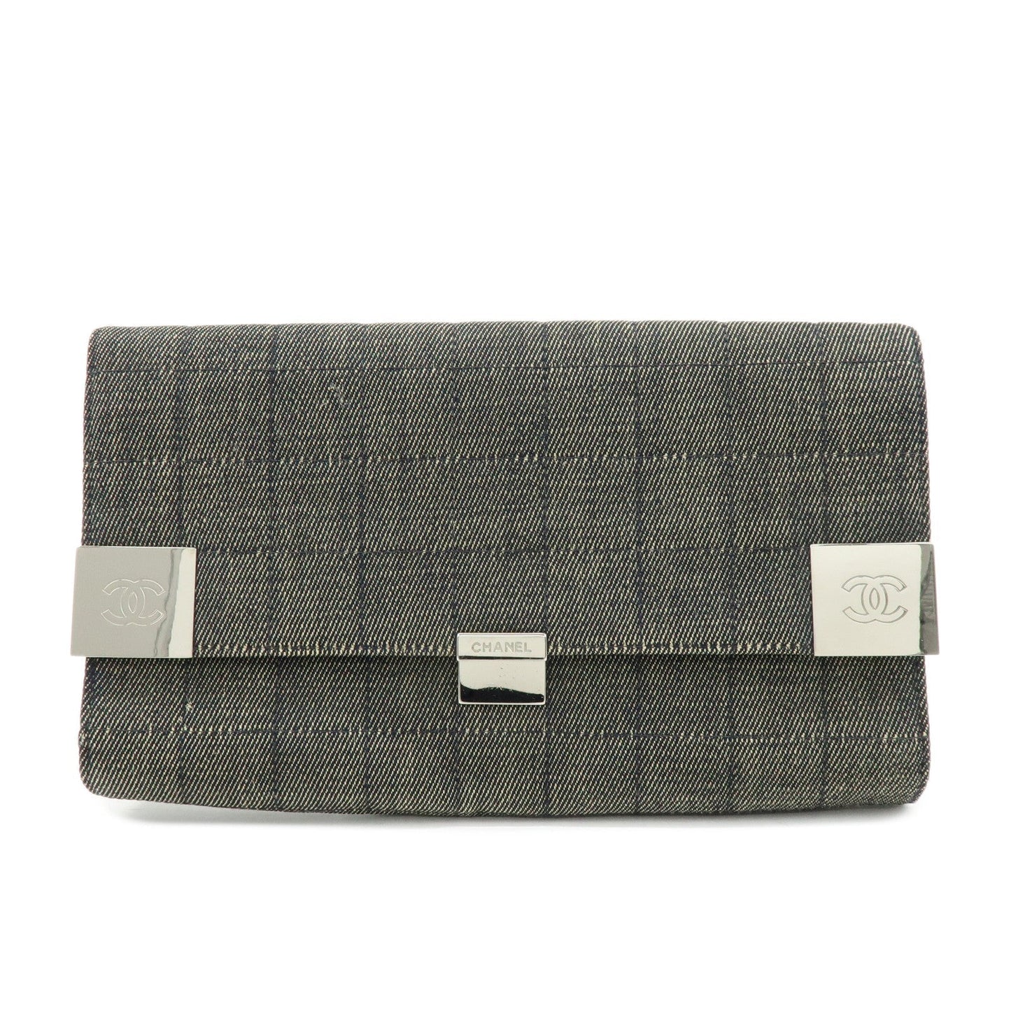 CHANEL Chocolate Bar COCO Mark Denim Clutch Bag Black