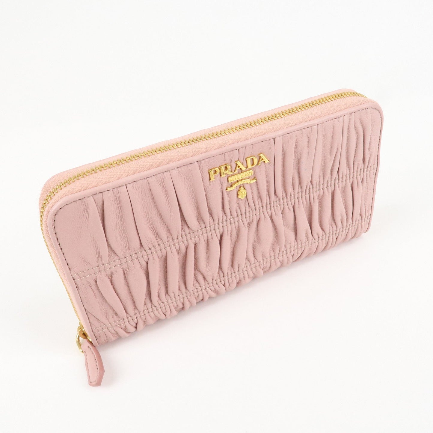PRADA Leather Gather Round Zippy Wallet Gold Hardware Pink 1M0506  d