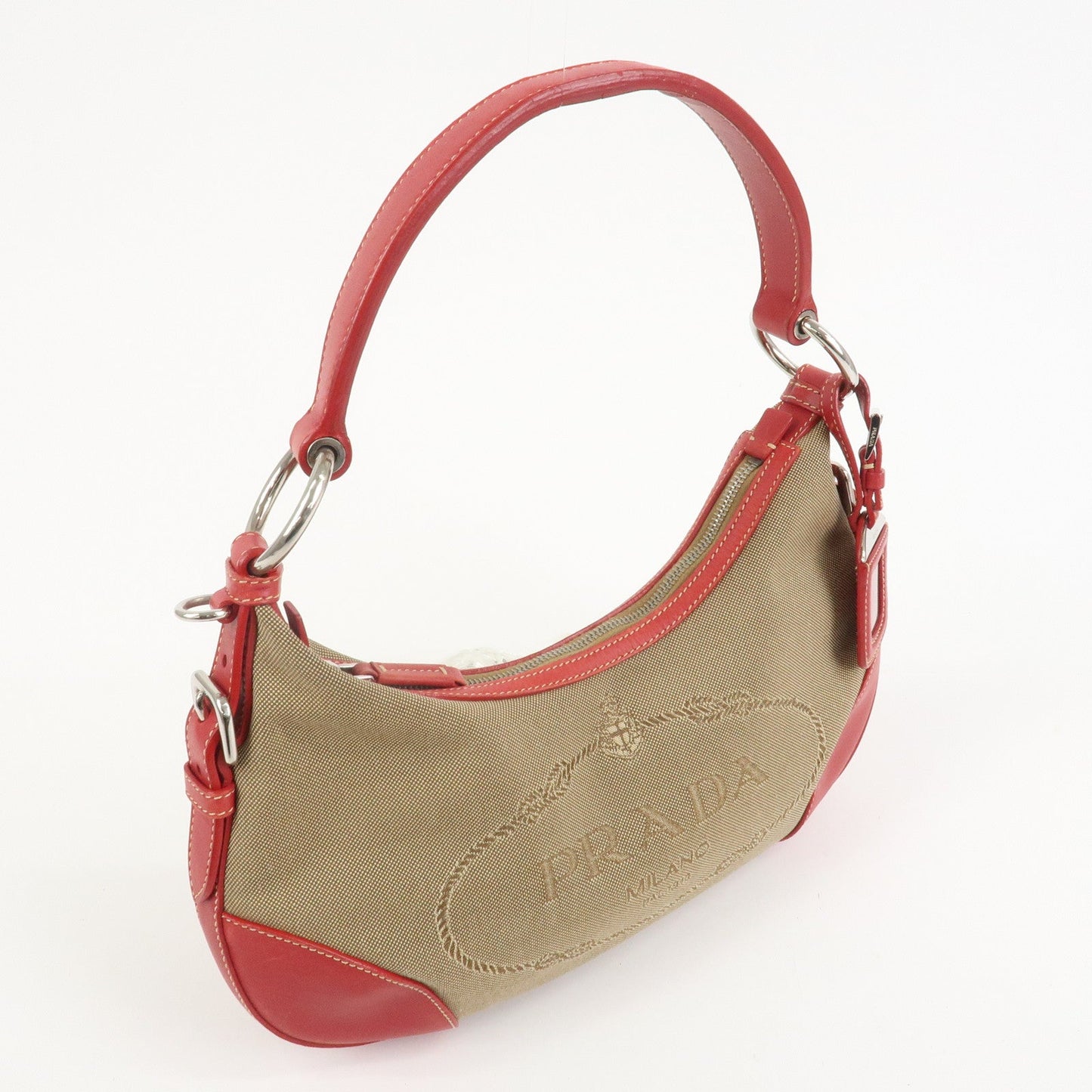 PRADA Logo Jacguard Leather Shoulder Bag Light Brown Red BR3429