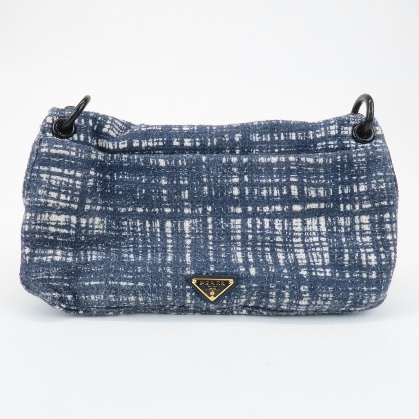 PRADA Tweed Leather Plastic Chain Shoulder Bag Navy White BR4874  d