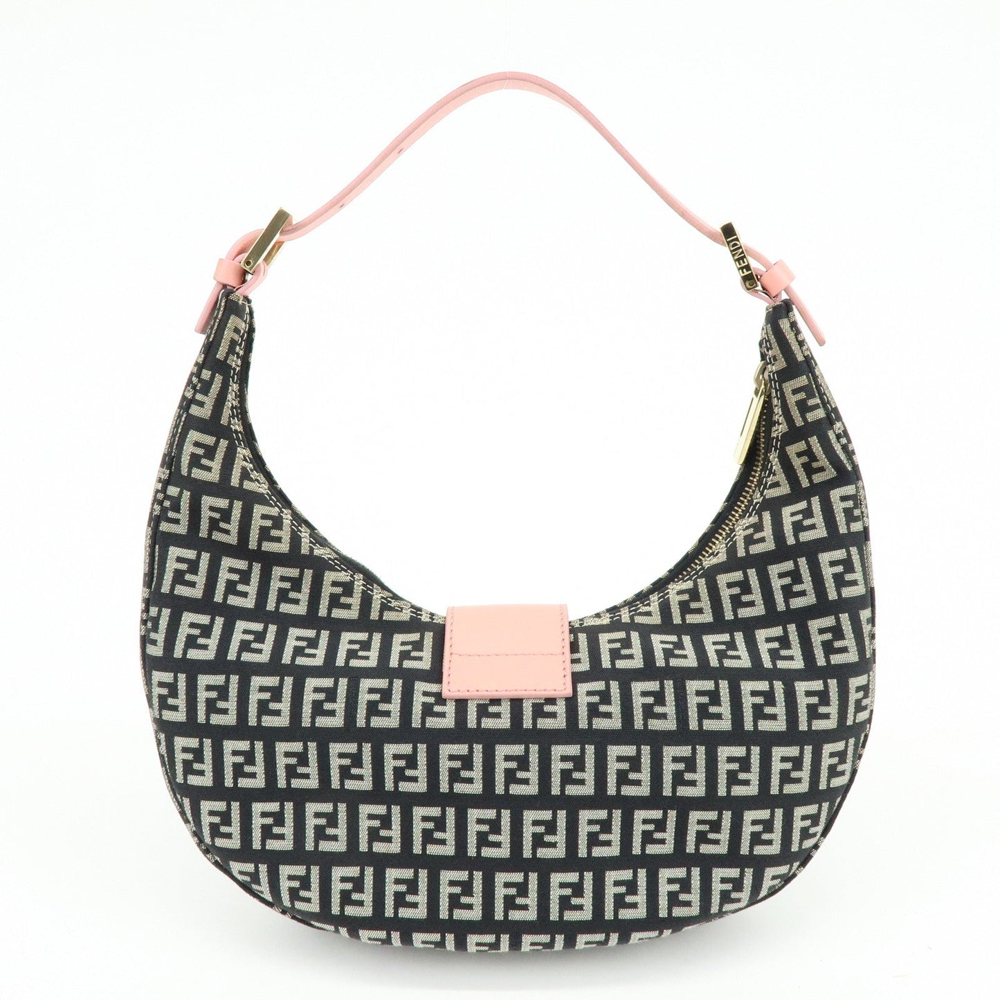 FENDI Zucchino Canvas Leather Shoulder Bag Black Pink 8BR020