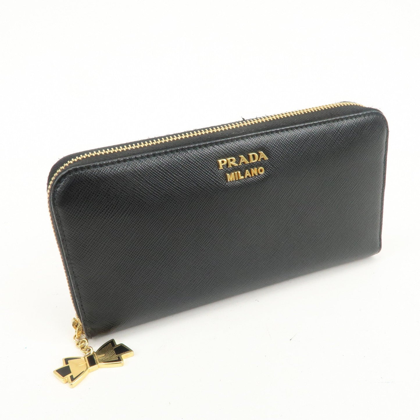 PRADA Logo Saffiano Leather Round Zippy Long Wallet Black