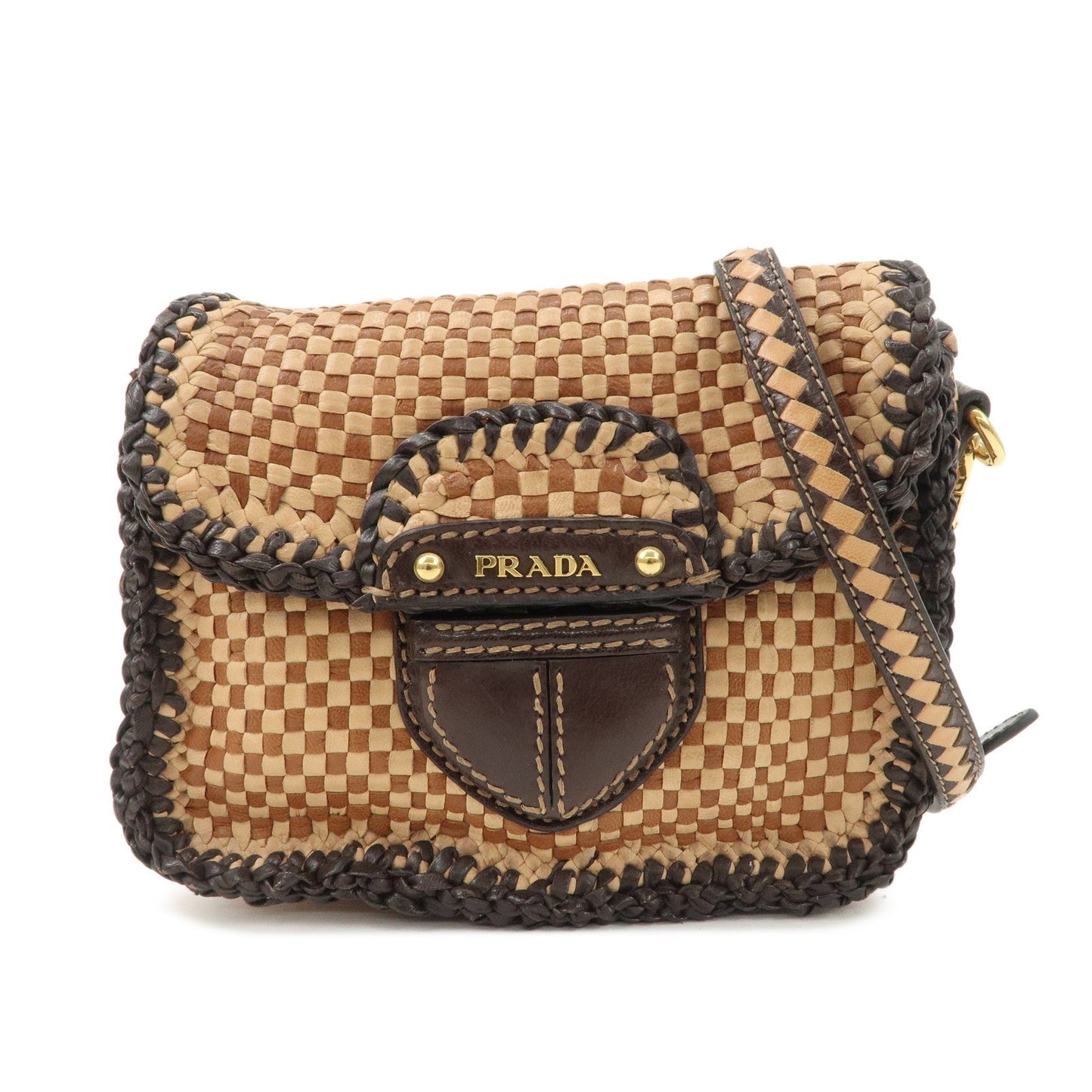 PRADA Madras Leather Shoulder bag Beige Brown BT781V  d