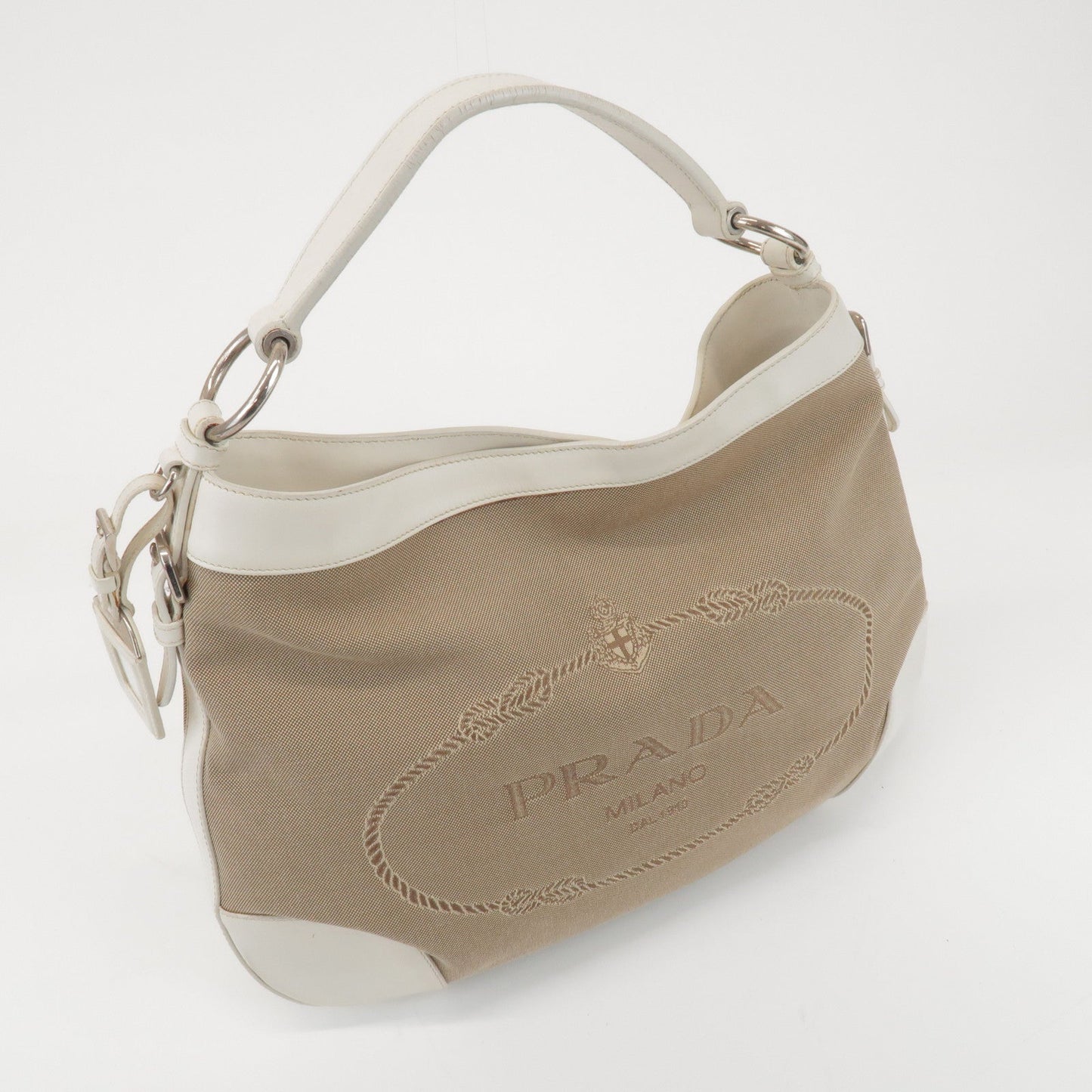 PRADA Jacquard Canvas Leather Shoulder Bag Hand Bag Beige Ivory