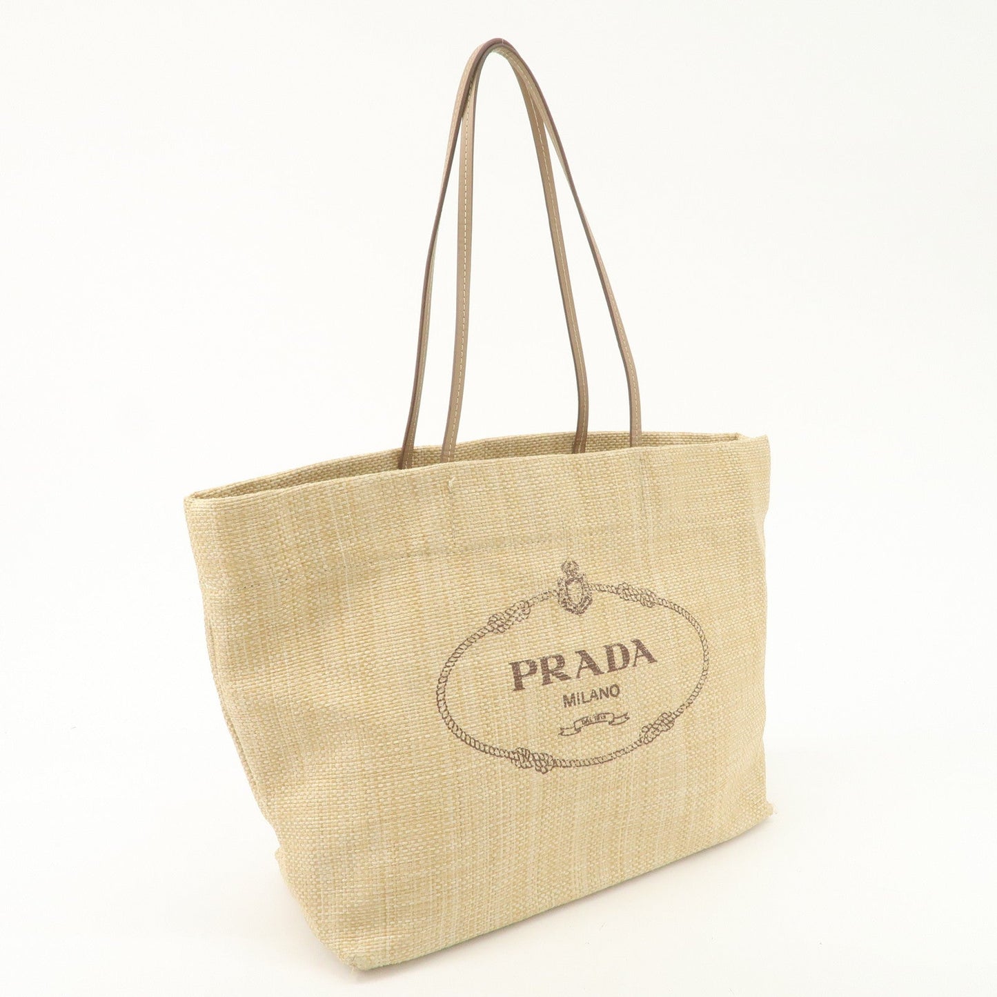 PRADA Leather Raffia Straw Tote Bag Shoulder Bag Beige  d