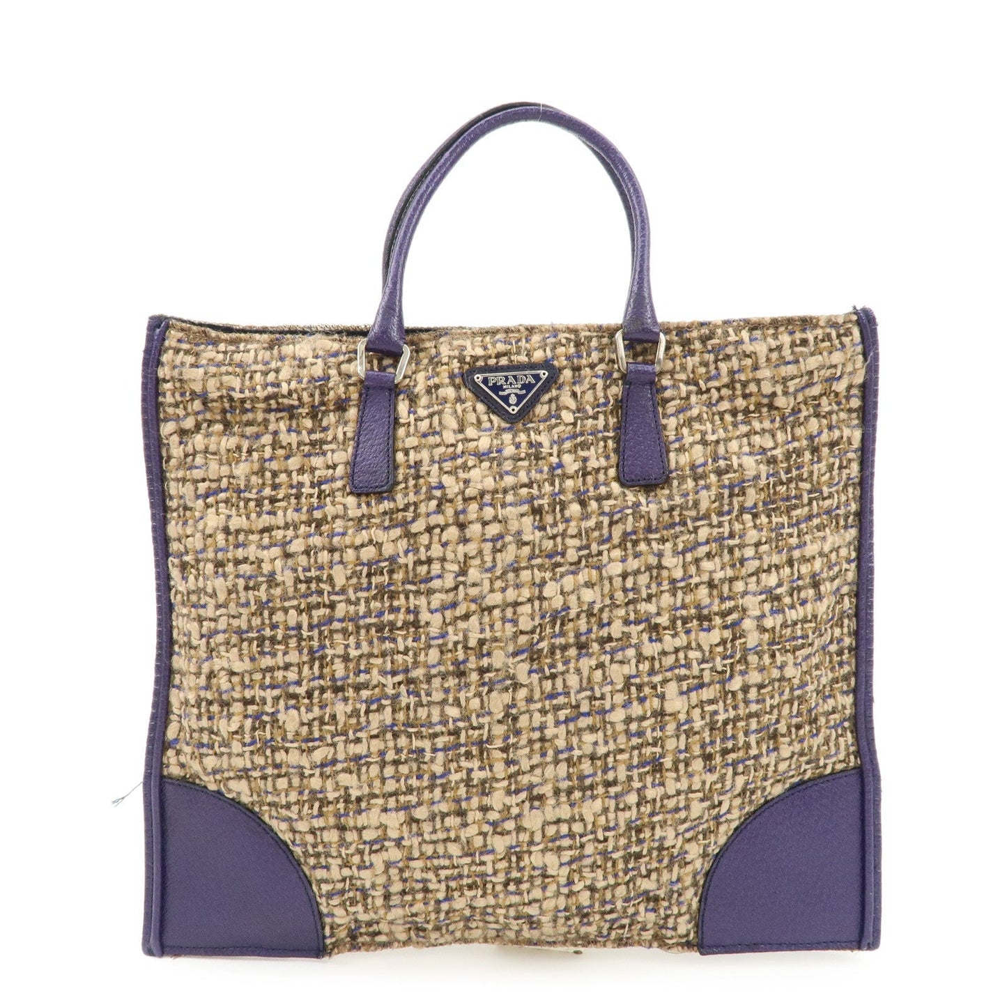 PRADA Triangle Logo Tweed Leather Tote Bag Purple Beige B11261  d
