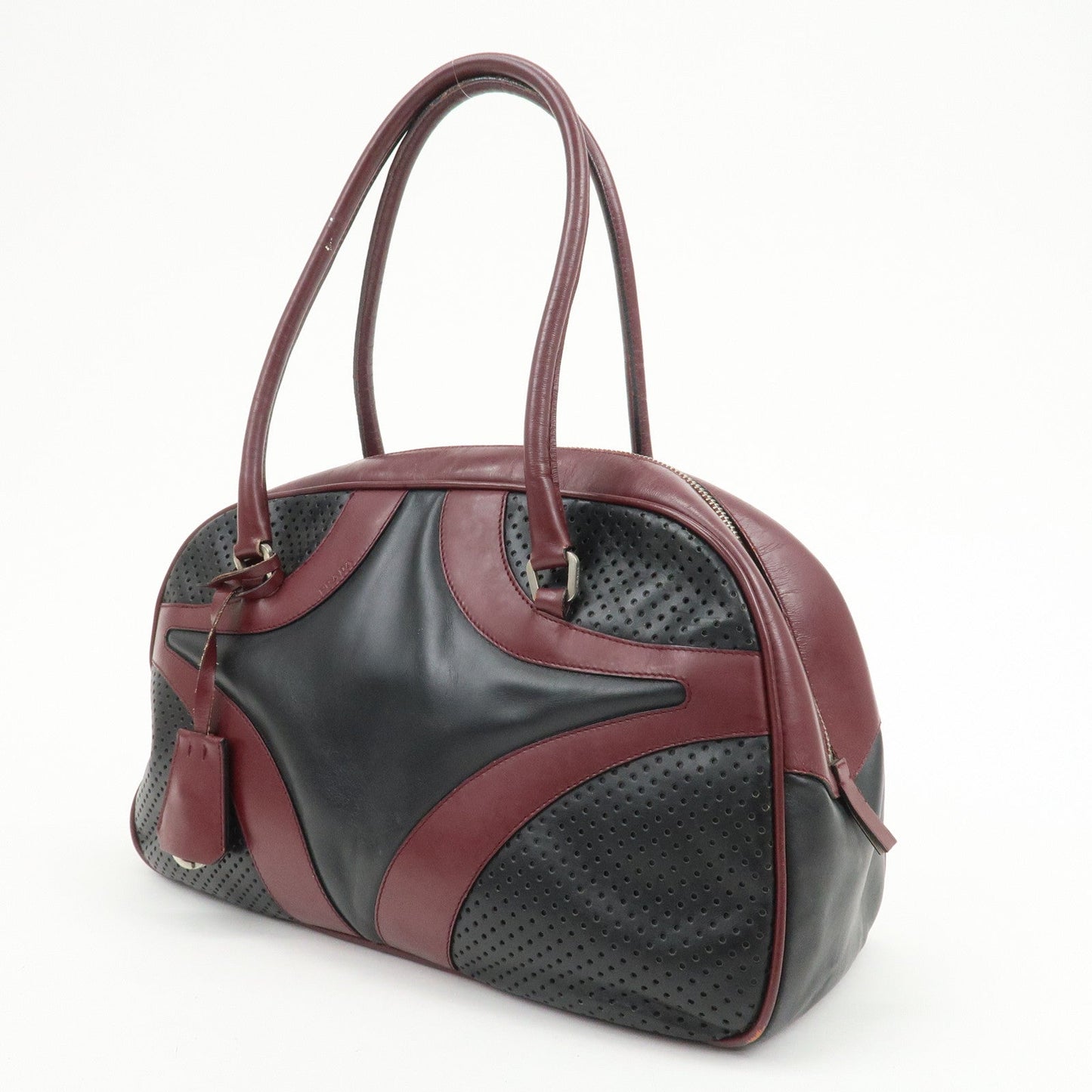 PRADA Leather Boston Bag Bowling Bag Hand Bag Black Bordeaux B10524