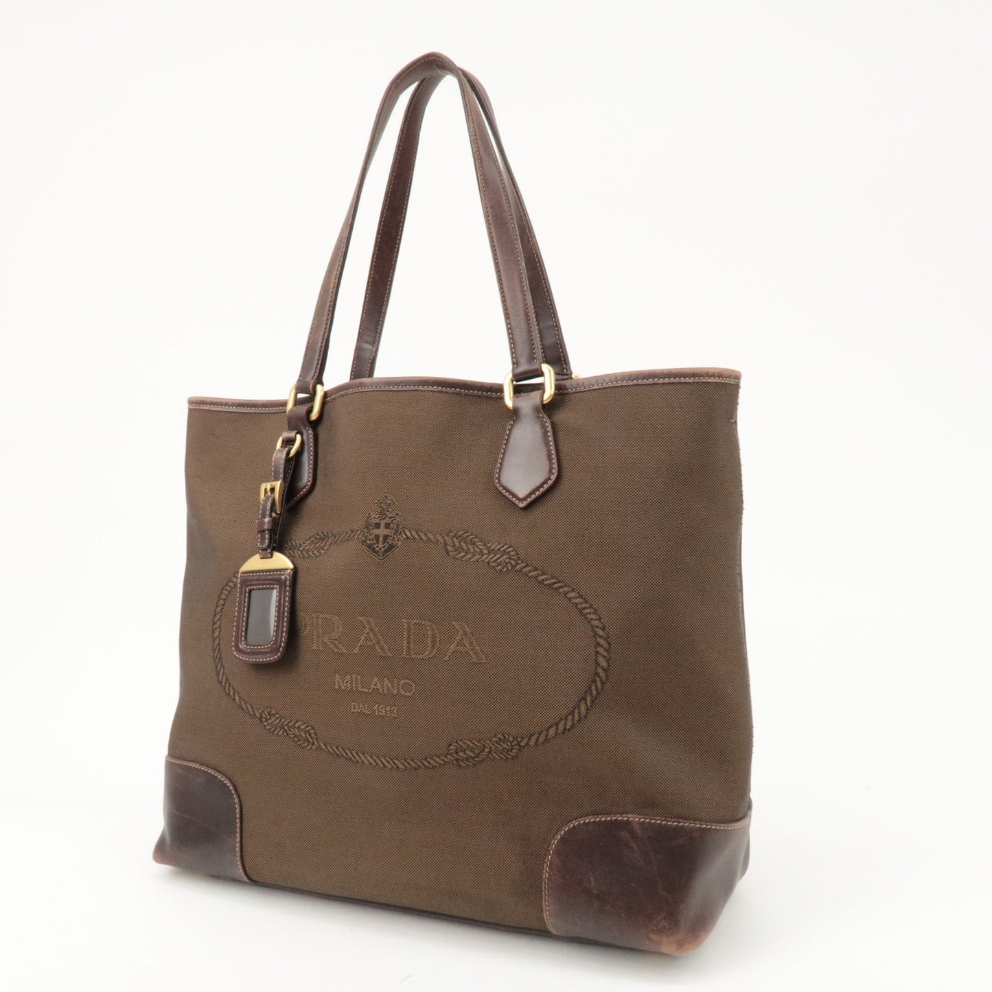 PRADA Triangle Logo Jacquard Leather 2Way Bag Tote Bag Brown  d