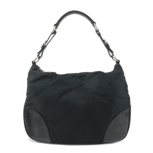 PRADA Triangle Logo Leather Nylon Shoulder Bag Black