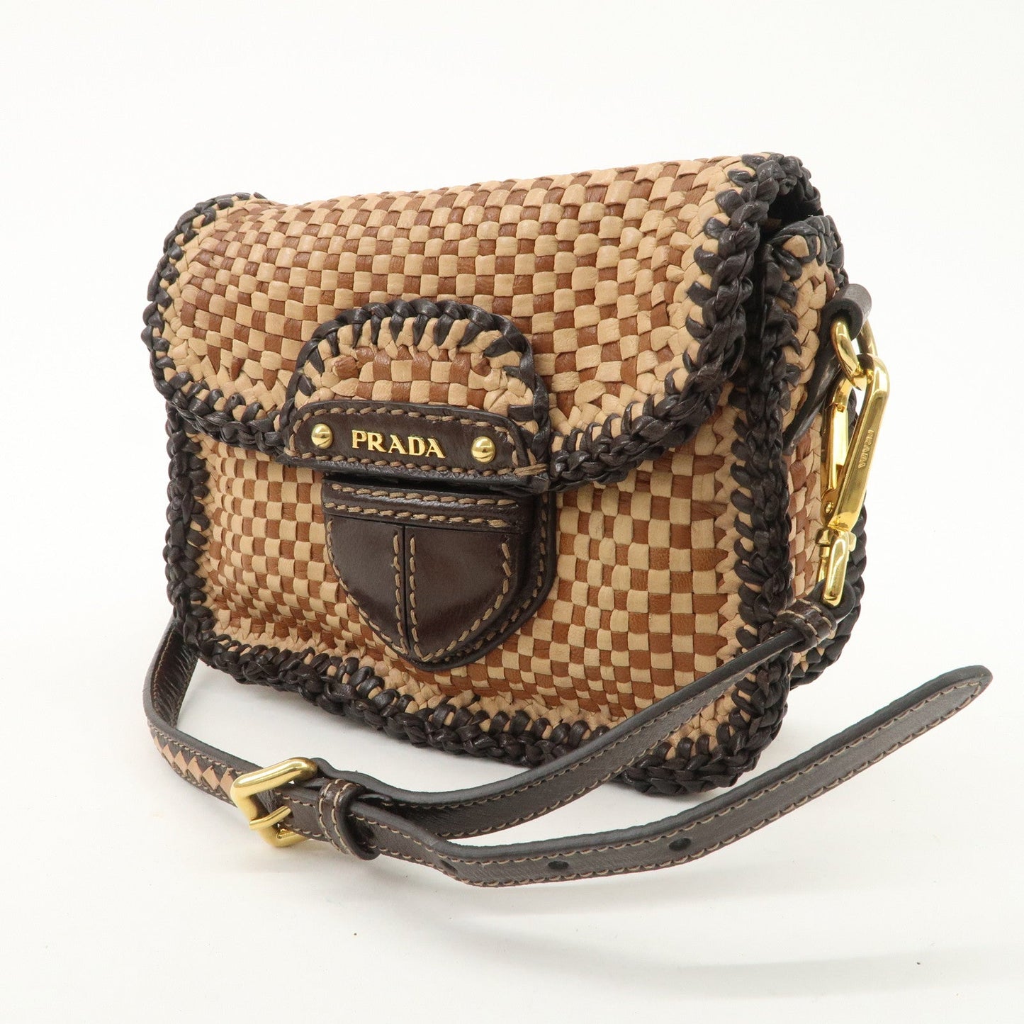 PRADA Madras Leather Shoulder bag Beige Brown BT781V  d