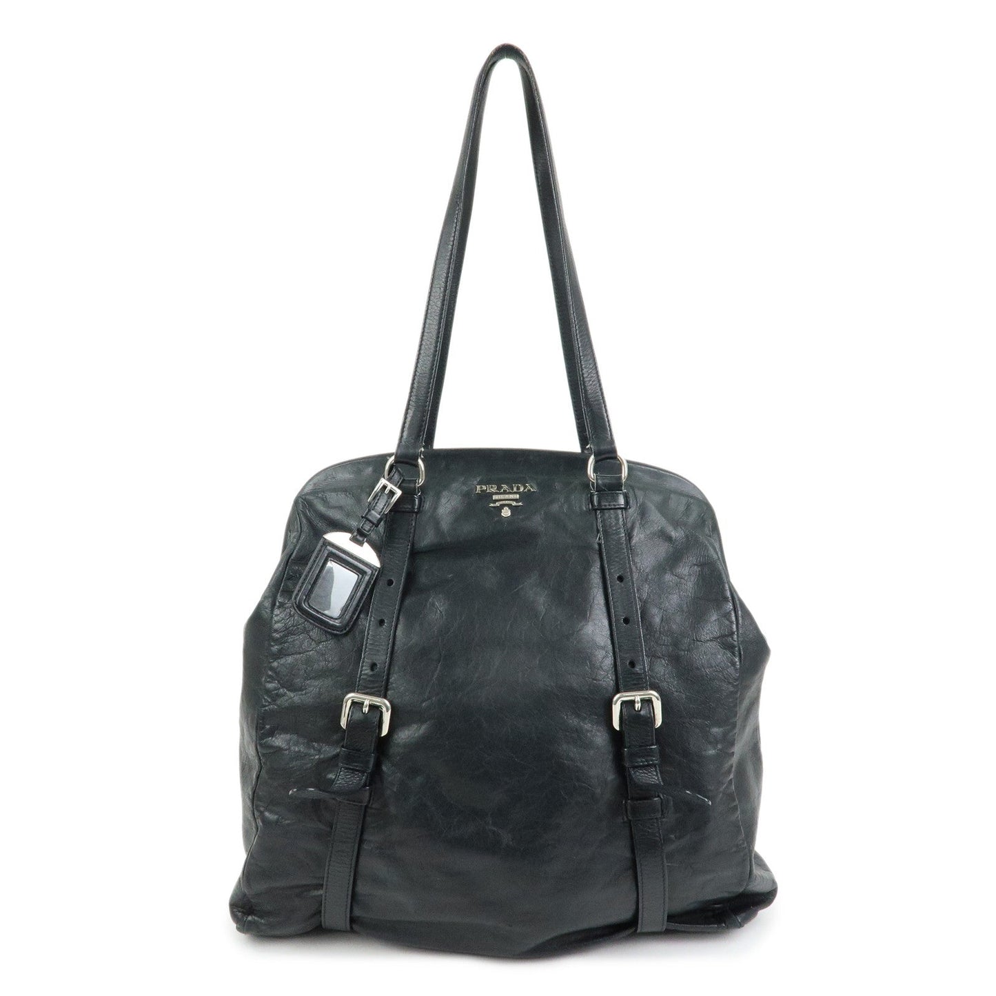 PRADA Logo Leather Shoulder Bag Tote Bag Black Silver